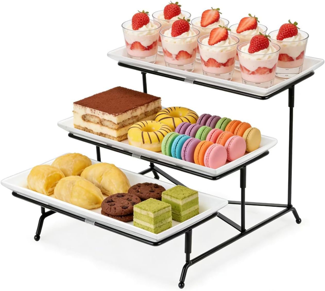 3 Tier Serving Tray, 12″ White Plastic Tiered Food Serving Platters, Reusable Tray Stand Black Collapsible Metal Stand with Stable Cross Bars, Party Display Stands for Veggie Fruit, Dessert