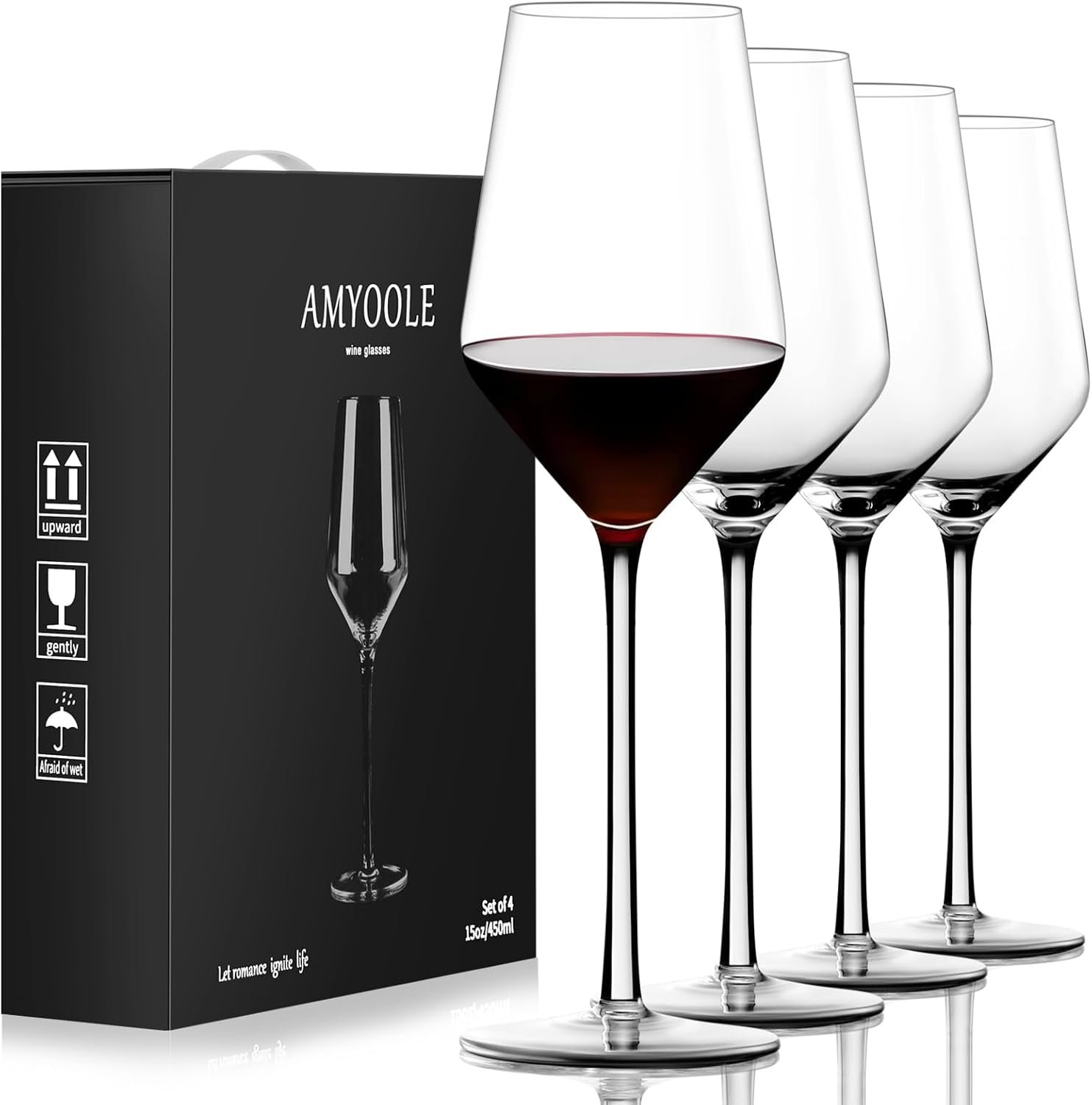 Amyoole Red Wine Glasses Set of 4,15 oz Lead-Free Crystal Clear Wine Glass, Hand-Blown Italian White Wine Glass, Great Gift Packaging