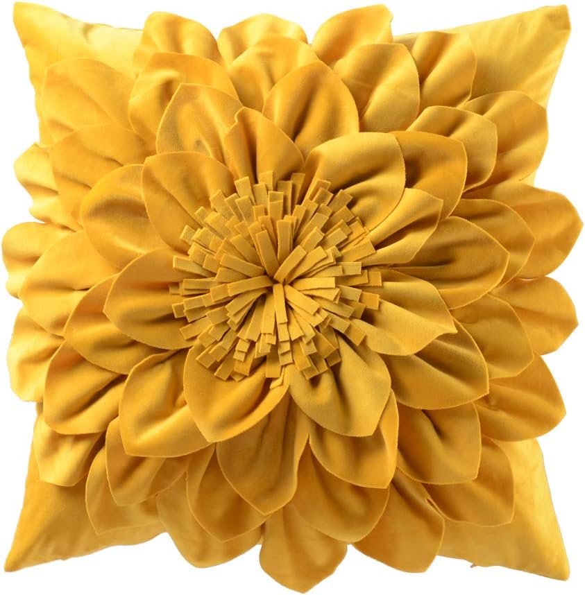 OiseauVoler Decorative 3D Throw Pillow Covers Aesthetic Yellow 18×18 Inch | 3D Floral Handmade Pillowcases Cushion Covers Soft Velvet for Couch Bed Living Room Home Decor Unique Pet Dog Hair Resistant