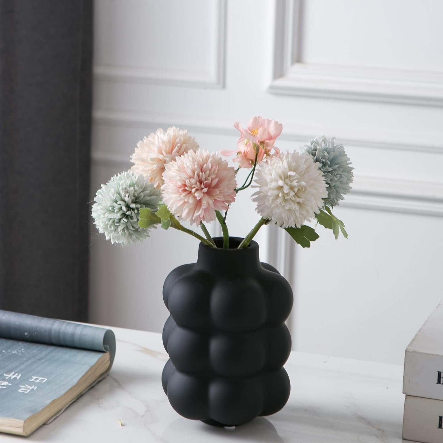 Mowtanco Black Ceramic Vase – Small Spherical Flower Vase for Centerpiece, Three Floors Design for Modern Home Decor, Boho Decorative Vase – 6.7″ Tall
