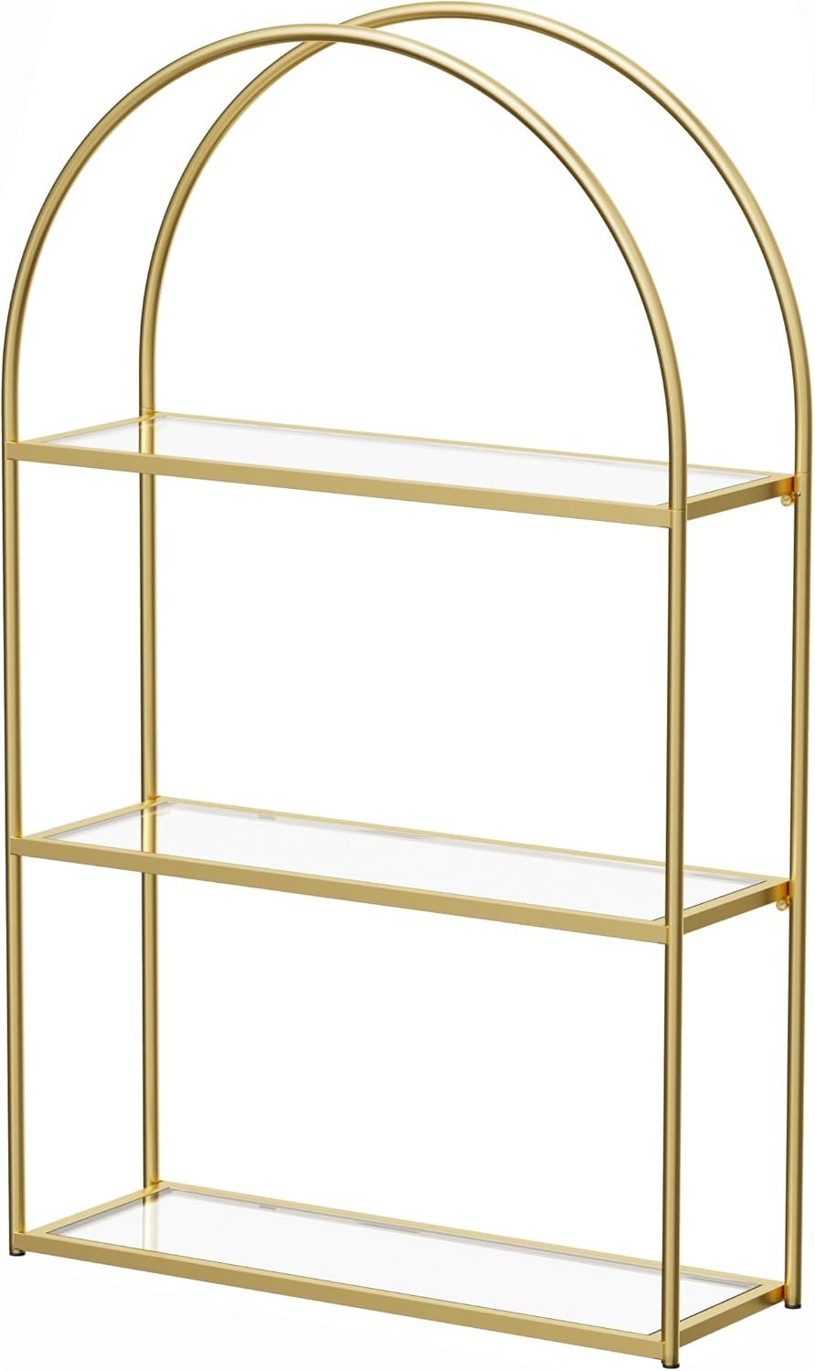 Crofy 3-Tier Arched Wall Shelf with Gold Frame & Transparent Shelves | Sturdy Tempered Clear Glass Shelves with Ample Storage Space; Decor for Living Room, Bath, Kitchen, Vanity & Home Office