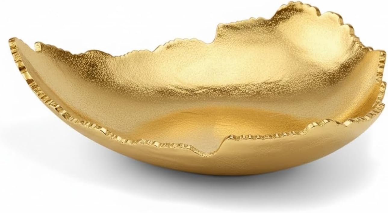 12 Inch Premium Decorative Antique Gold Hammered Torn Metal Centerpiece Bowl, Sculpted Leaf Edges Coated Golden Allure Aluminum Platter Modern Table Accent, Home Kitchen Dining Room Textured Display