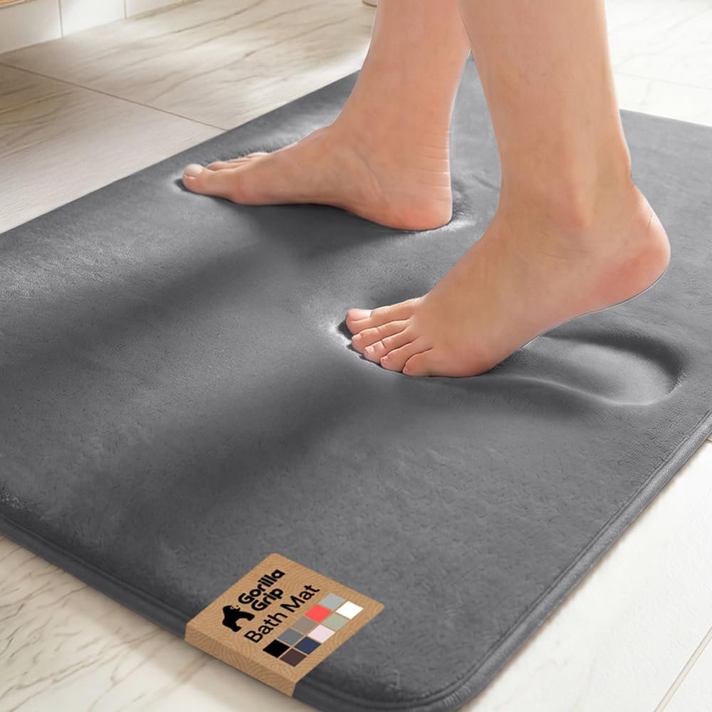 GORILLA GRIP® Memory Foam Bath Rugs, Soft Absorbent Velvet Bathroom Mats, Durable Dots on Underside, Machine Washable Bathmat, Carpet Rug Room Decor for Shower Floor, 24×17 Mat, Graphite Gray