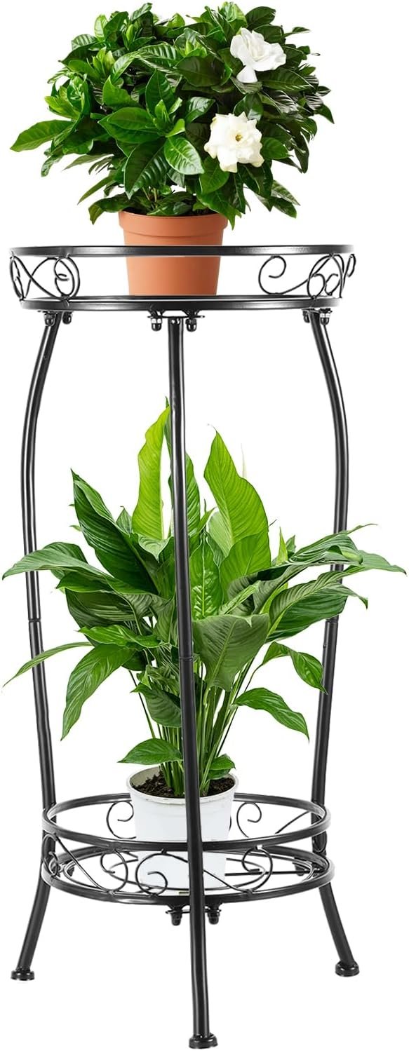 Plant Stand Indoor Outdoor 2 Tier 27″ Tall Metal Potted Holder Rack Flower Pot Stand Heavy Duty Plant Shelf Rustproof Iron Multiple Plant Round Supports Rack for Planter Corner Garden Balcony Patio