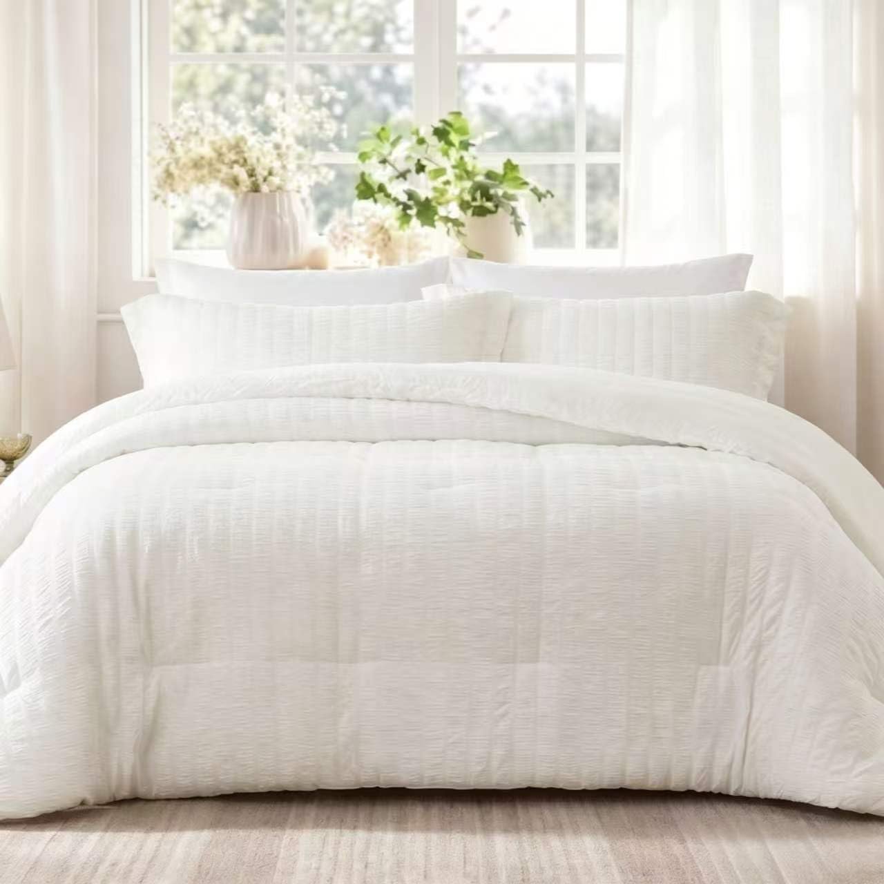 Quataly Beige Queen Comforter Set – 3 Pieces Seersucker Lightweight Bedding Comforter Sets (1 Soft Fluffy Comforter & 2 Pillowcases) – All Seasons Cozy Farmhouse Bed Sets for Women Men