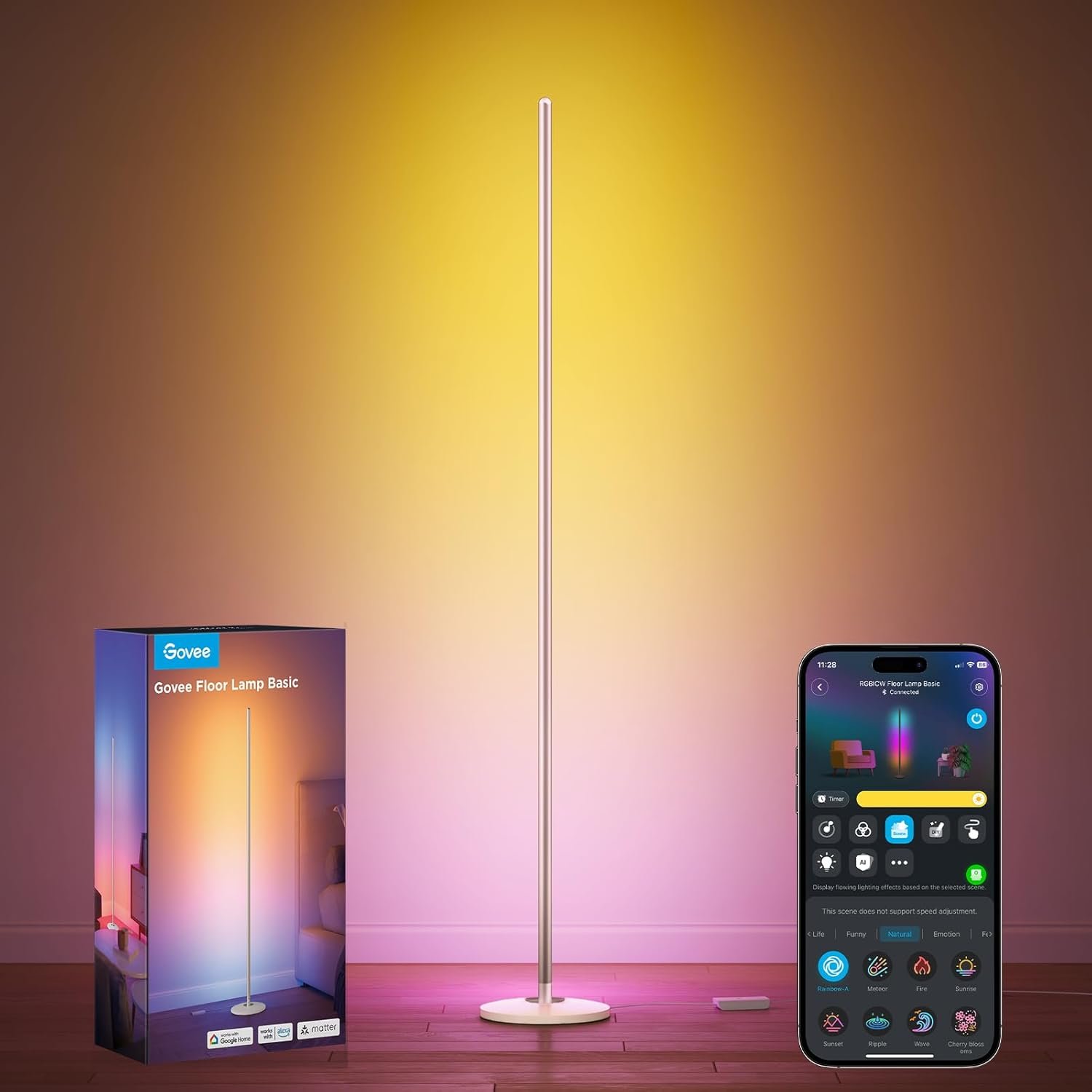 Govee RGBIC Floor Lamp Basic, 1000lm LED Corner Lamp Works with Alexa, 1000lm Modern Floor Lamp with Music Sync and 16 Million DIY Colors, Color Changing Standing Lamp for Bedroom Living Room