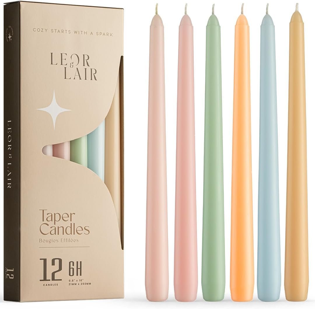 Leor & Lair Pastel Taper Candles 12 Pack – 10″ Elegant Tall Candlesticks with 6 Hour Burn Time – Pastel Candle Sticks for Easter Decorations, Wedding & Party Table Decor