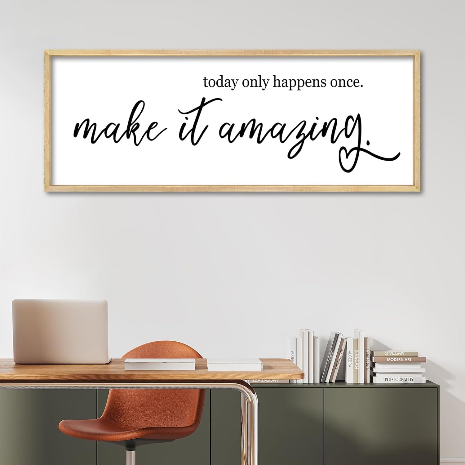 Inspirational Wall Art Decor “Today Only Happens Once” Motivational Plaque | “Make It Amazing” Quote Sign – 32×12 Inch Large Natural Wood Framed, Ready to Hang. Home Office, Kitchen, Bedroom