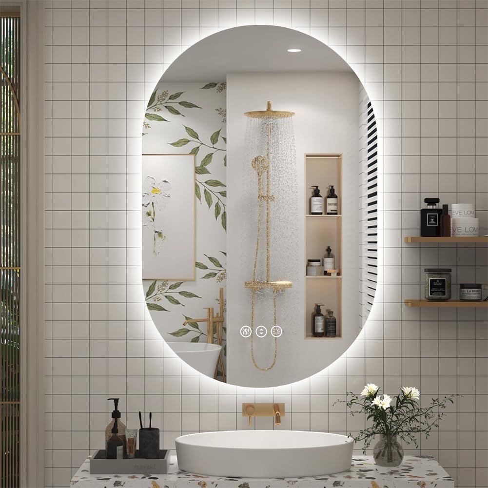 SMIROR Oval Backlit LED Bathroom Mirror, 24×36 Pill-Shaped Lighted Vanity Mirror with Lights for Wall, Dimmable, 3 Colors Lighting, Anti-Fog, Memory Function (Horizontal/Vertical)
