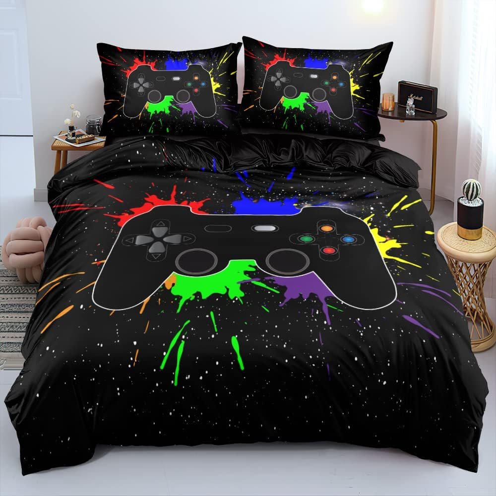 Game Bedding Set for Boys Kids Gamepad Duvet Cover with 2 Pillowcases Gamer Bedroom Decor Black Bed Set 3pcs,Twin Size