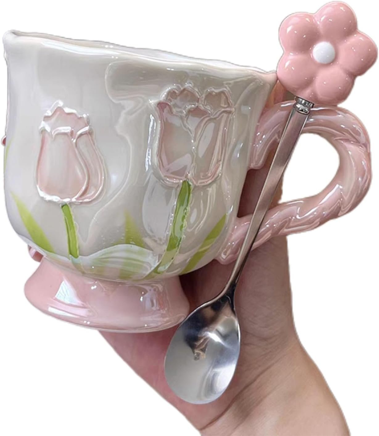 Ceramic Coffee MugEspresso Cup 14oz Pink Cute Flower withSpoon,Tulip Shaped Floral Girly Mug with Handle, Breakfast Milk Oatmeal Cup, Girl Gift