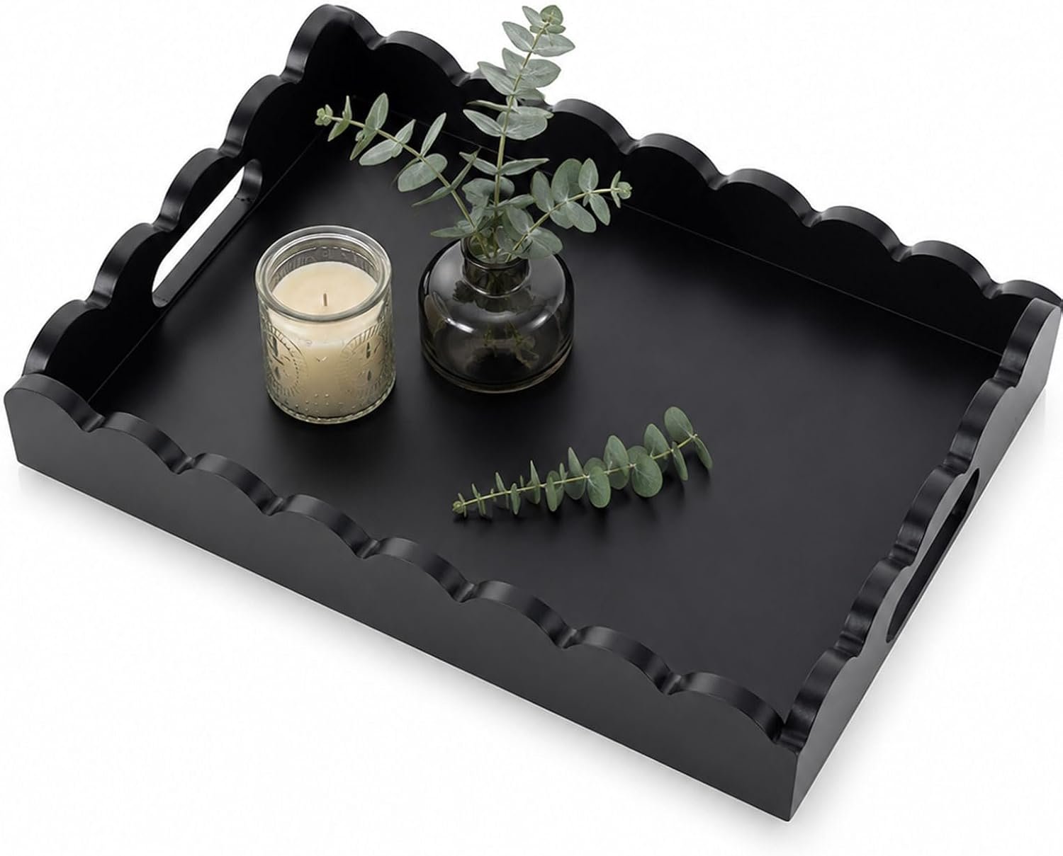 Hanobe Decorative Tray Coffee Table for Entryway Decor | Serving Tray with Scalloped Edge – Black Console Table Decor for Living Room Kitchen Counter