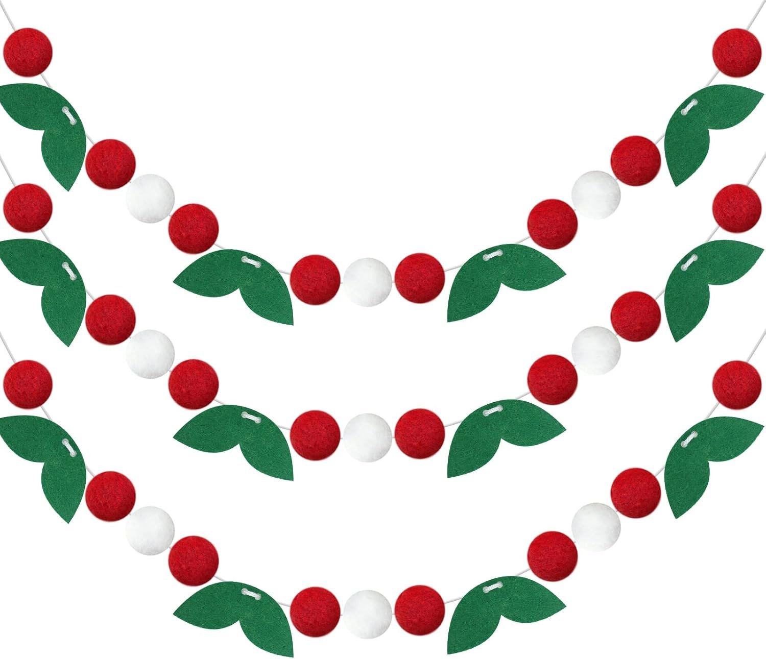 GCQQ Christmas Felt Garland Holly Wool Felt Banner Garlands Red White Green Prestrung Christmas Pompom Balls Garlands for Xmas Tree Mantle Fireplace Wall Decorations