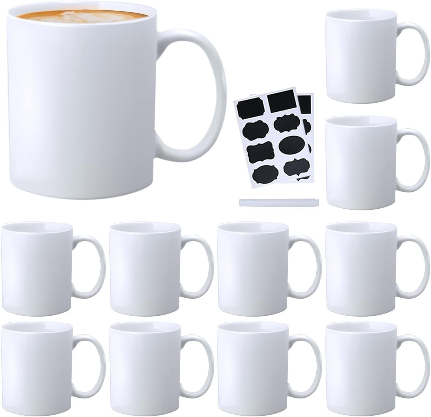 Ceramic Coffee Mug,White Tea Mug,Classic Drinking Cups with Handle,11 OZ Cups Set of 12, for Hot or Cold Drinks like Cocoa, Milk, Tea or Water(Labels)