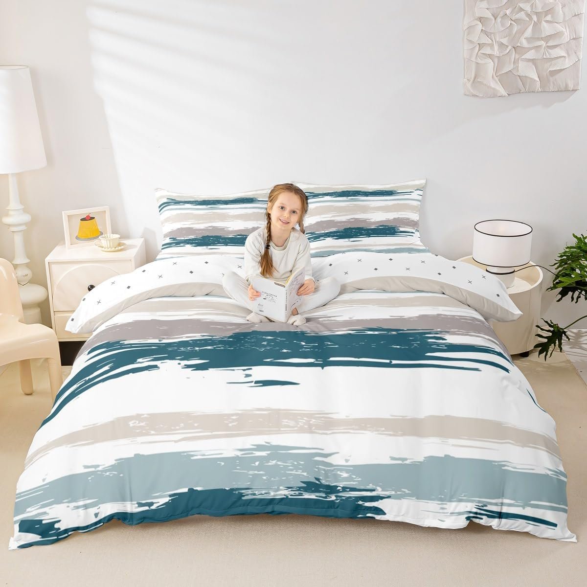 Erosebridal Abstract Blue Duvet Cover Queen Size Modern Grey Brown Striped Bedding Set for Boys Geometric Aesthetic Oil Painting Comforter Cover Minimalist Simple Watercolor Bedclothes