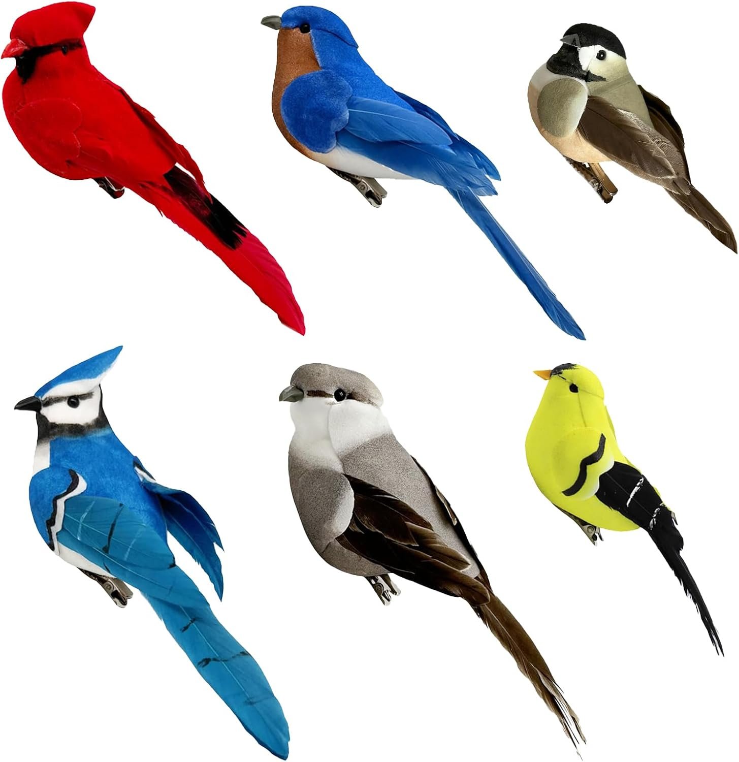 6pcs Artificial Birds Feathered Song Bird Clip on Christmas Tree Ornaments for Garden Decoration Wreath Crafts, Assorted Colors