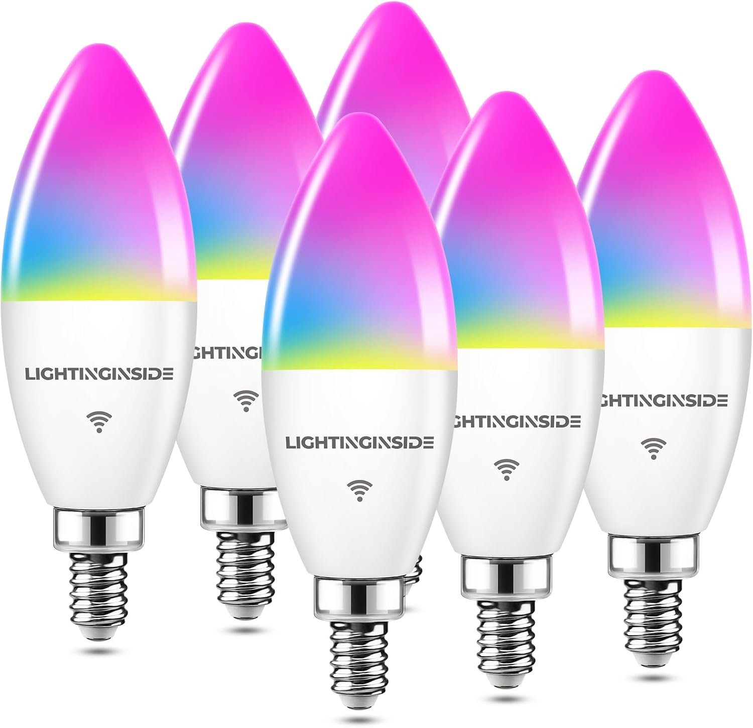 Lightinginside Candelabra Smart Light Bulb 60W Equiv., Work with Alexa/Google Home/SmartLife, 2.4G WiFi & BLE E12 LED Bulbs, 500LM 6W RGBCW Chandelier Bulb, No Hub Required, ETL Listed, 6PCS