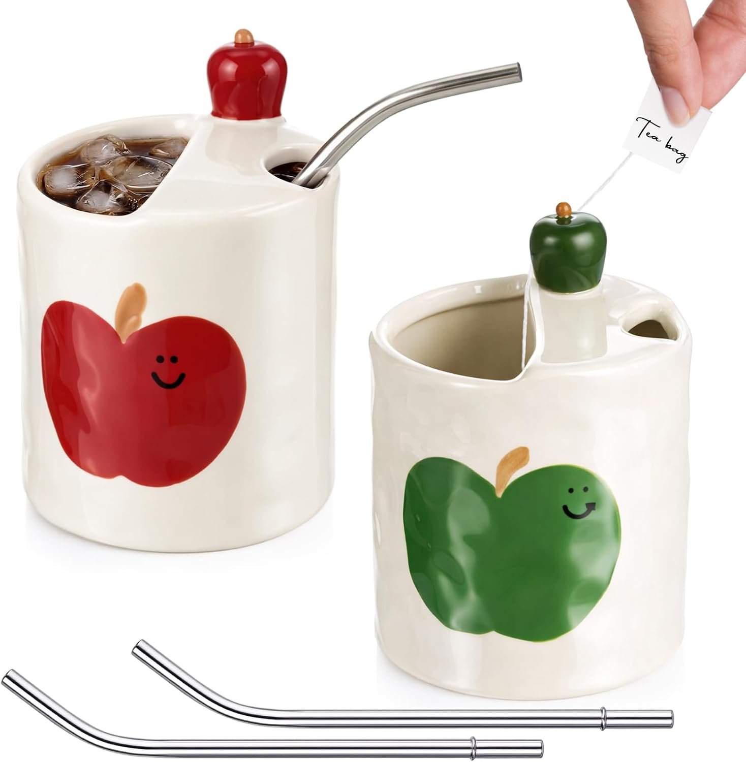 Unittype 2 Pack Ceramic Travel Coffee Mugs with Sip Hole, 12.8 oz Cute Apple Mug Set with Divider and Stainless Steel Straws, Novelty Tea Cups for Tea, Desk, Kitchen, Present for Coffee Lovers