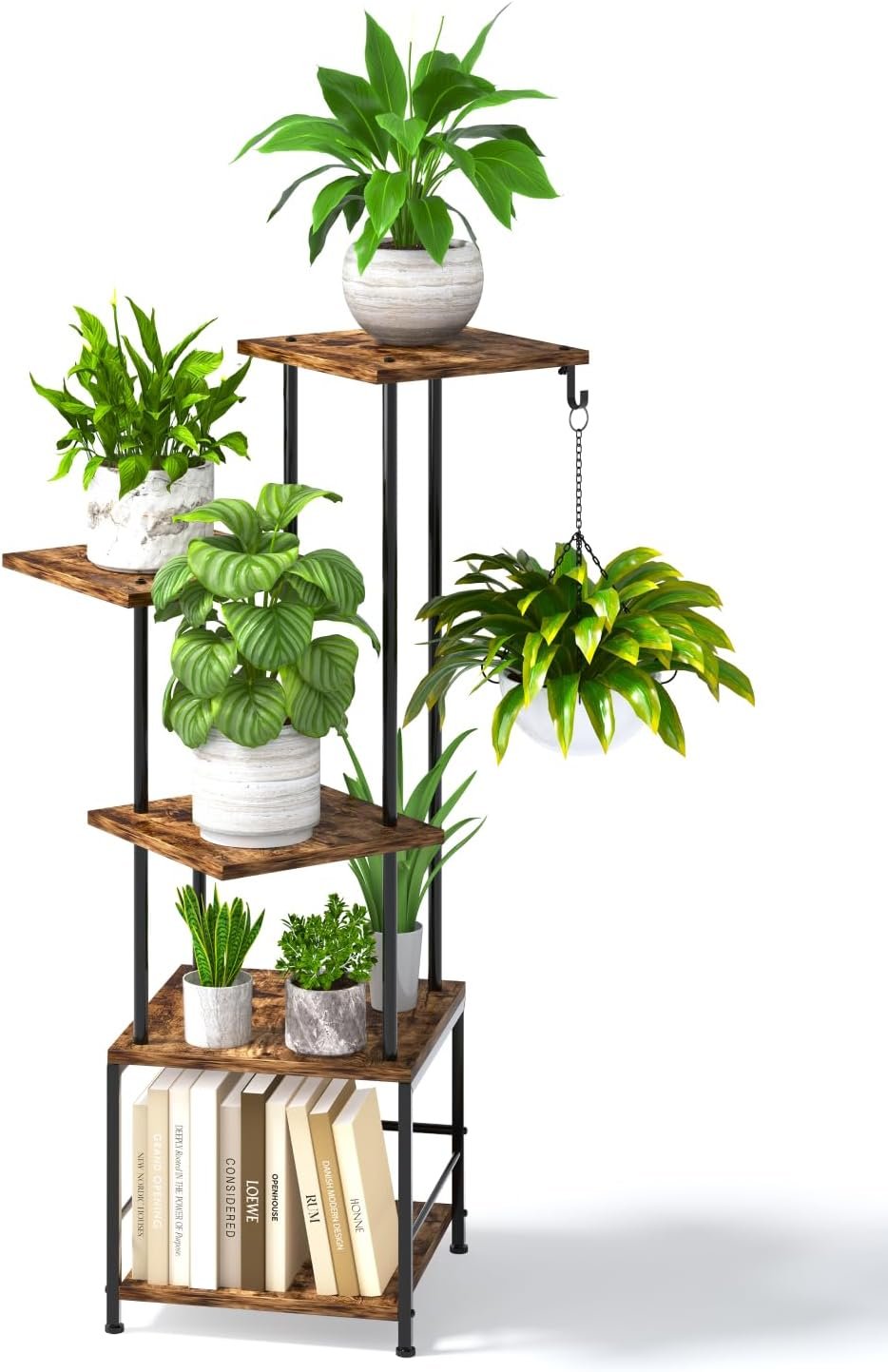 Homsorout Plant Stand Indoor – 5-Tier Metal Plant Shelf with Hanging Basket Hook, Corner Tall Flower Holder for Multiple Plants, Living Room Balcony Garden Patio, Rustic Brown
