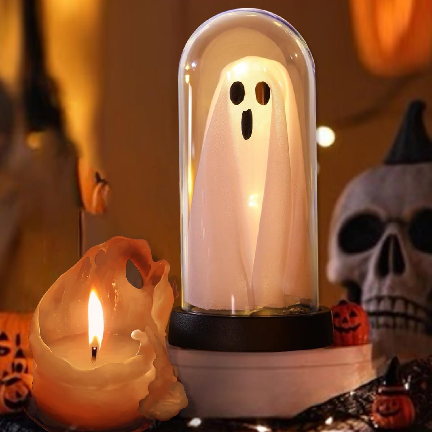 Halloween Ghost Decor Light – Light Up Ghost in Glass Cloche with Base, Cute Indoor Halloween Decoration for Table, Shelf, Fireplace – Spooky Room Decor