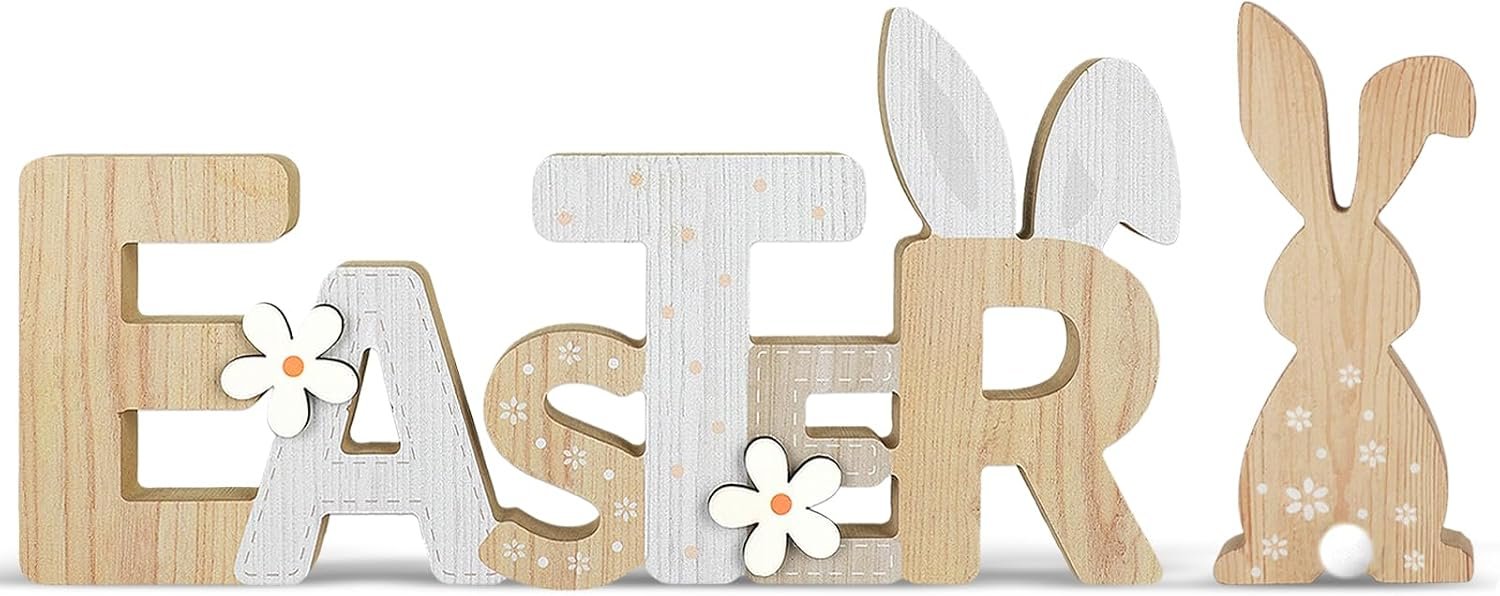 Easter Decorations Indoor for the Home 2Pcs Wooden Bunny Table Centerpieces Sign Farmhouse Easter Tiered Tray Decor Spring Decorations for Table Home Party Mantle Shelf Holiday