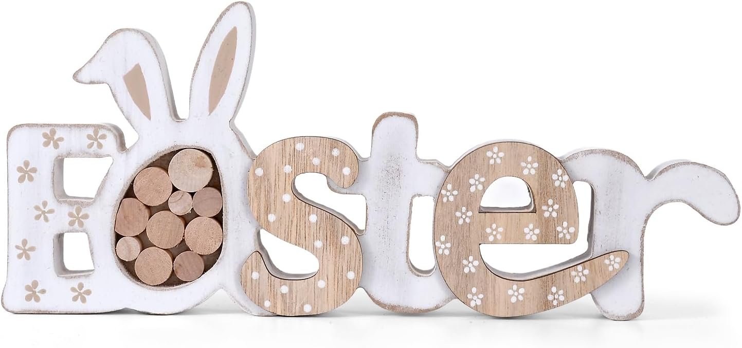 Easter Decorations for Home, Farmhouse Retro Bunny Table Wooden Sign for Tiered Tray Tabletop Shelf Mantel,Rustic Spring Table Ornaments Party Decor Outdoor Indoor