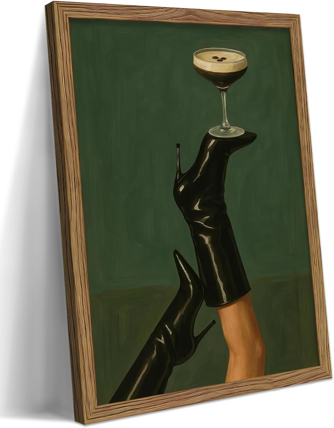 Framed Vintage Cocktail Wall Art, Espresso Martini on Black Boots Canvas Print, Feminine Moody Cocktail Picture Poster, Bar Cart Wall Decor Painting Art for Bedroom Living Room 12×16 inch