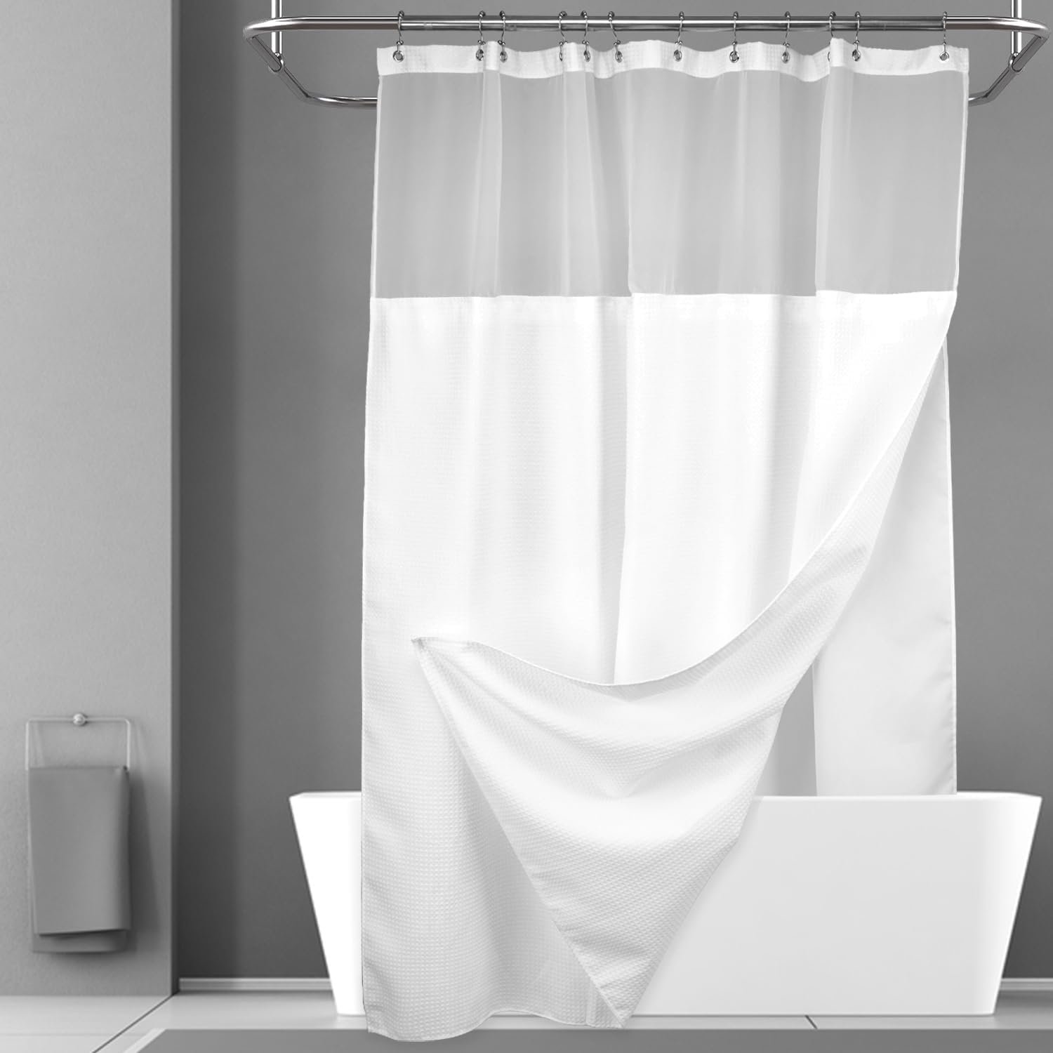 N&Y HOME Waffle Weave Shower Curtain with Snap-in Fabric Liner Set, 12 White Hooks Included – Hotel Style, Waterproof & Washable, Heavyweight Fabric & Mesh Top Window – 71×72, White