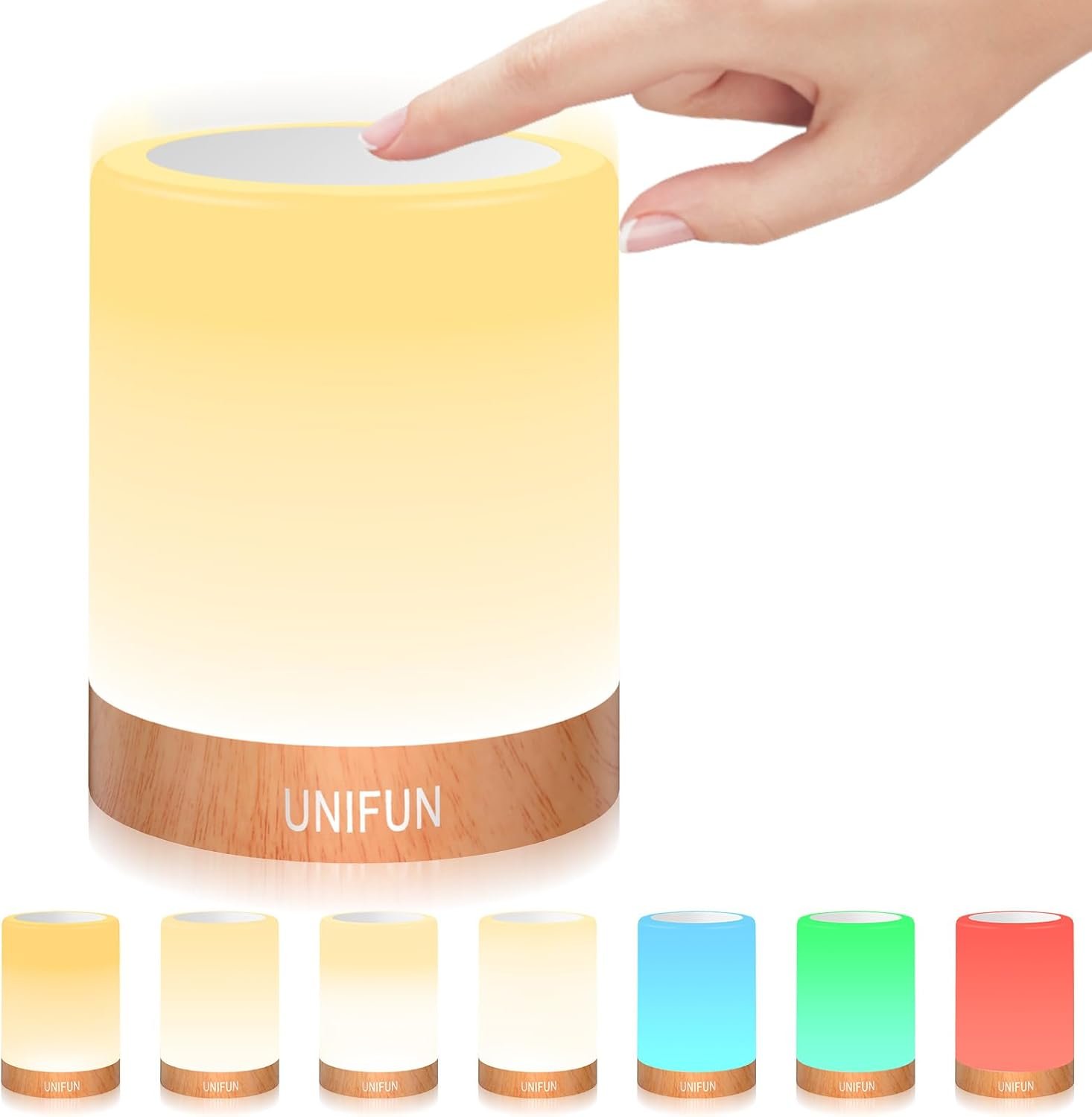 UNIFUN Touch Control Night Light – Rechargeable Bedside Table Lamp with Dimmable Warm White (2800K-3100K) & RGB Color Changing, Portable Cordless LED Lamp for Bedroom, Nursery, Living Room