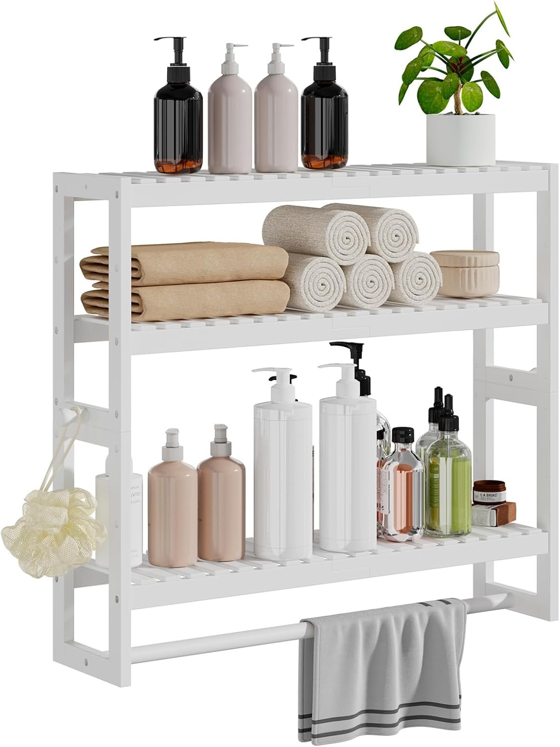 RRX Bathroom Shelf Storage Organizer, Shelf 3-Tier Adjustable Layer, White | Bamboo Storage Over Toilet Organizer with Bar, Hanging, Freestanding Shelves Wall Mounted Utility
