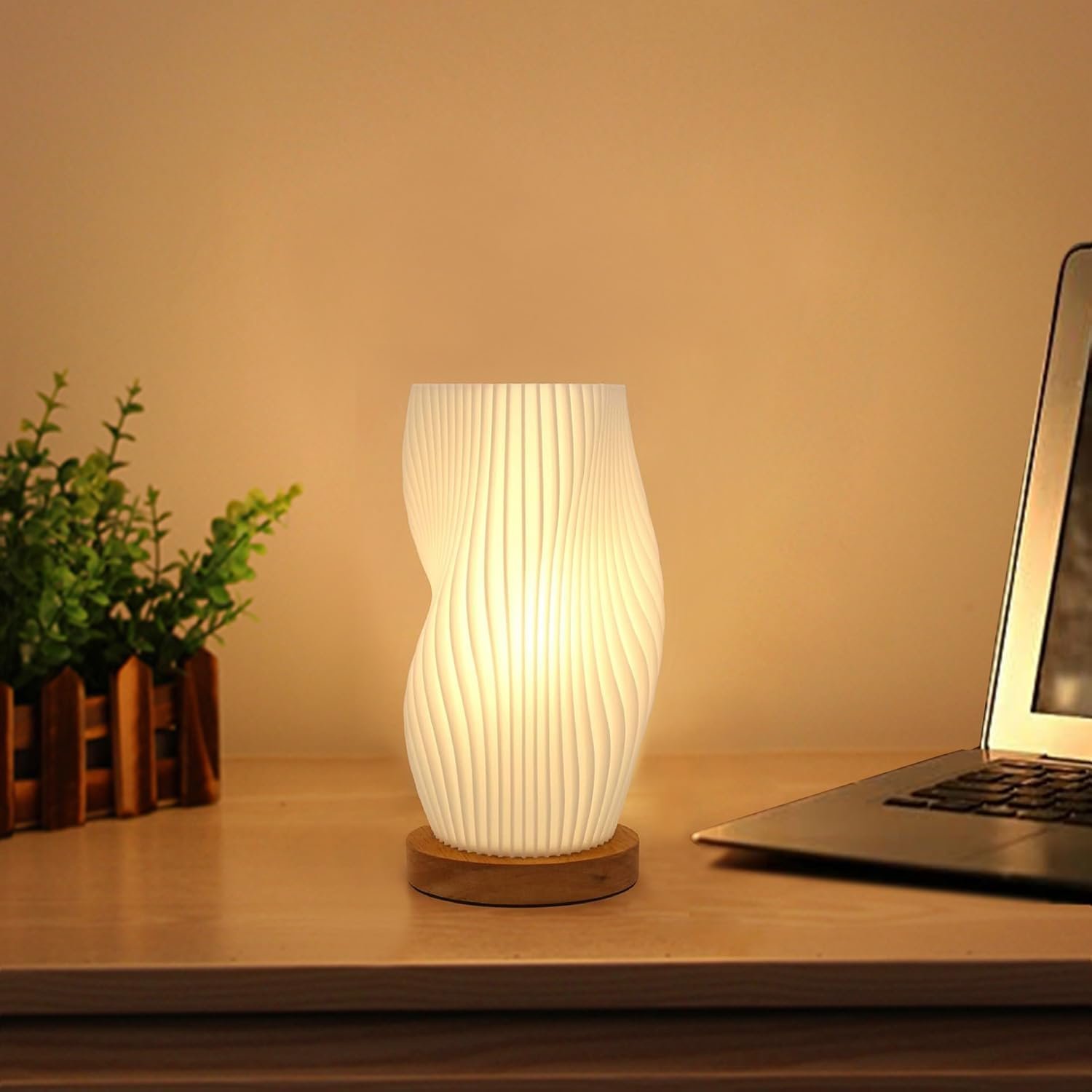 Zenply Novelty Small Table Lamp for Bedroom,Vintage Style Striped Small Night Light Lamp, Mini Bedside Lamp for Living Room Nightstand Small Space Kids Room Living Room Office Dorm (SM), Warm-SM | Aesthetic pleated design with wood base. Warm ambient glow for cozy room or dorm. Cool funky home decor gif