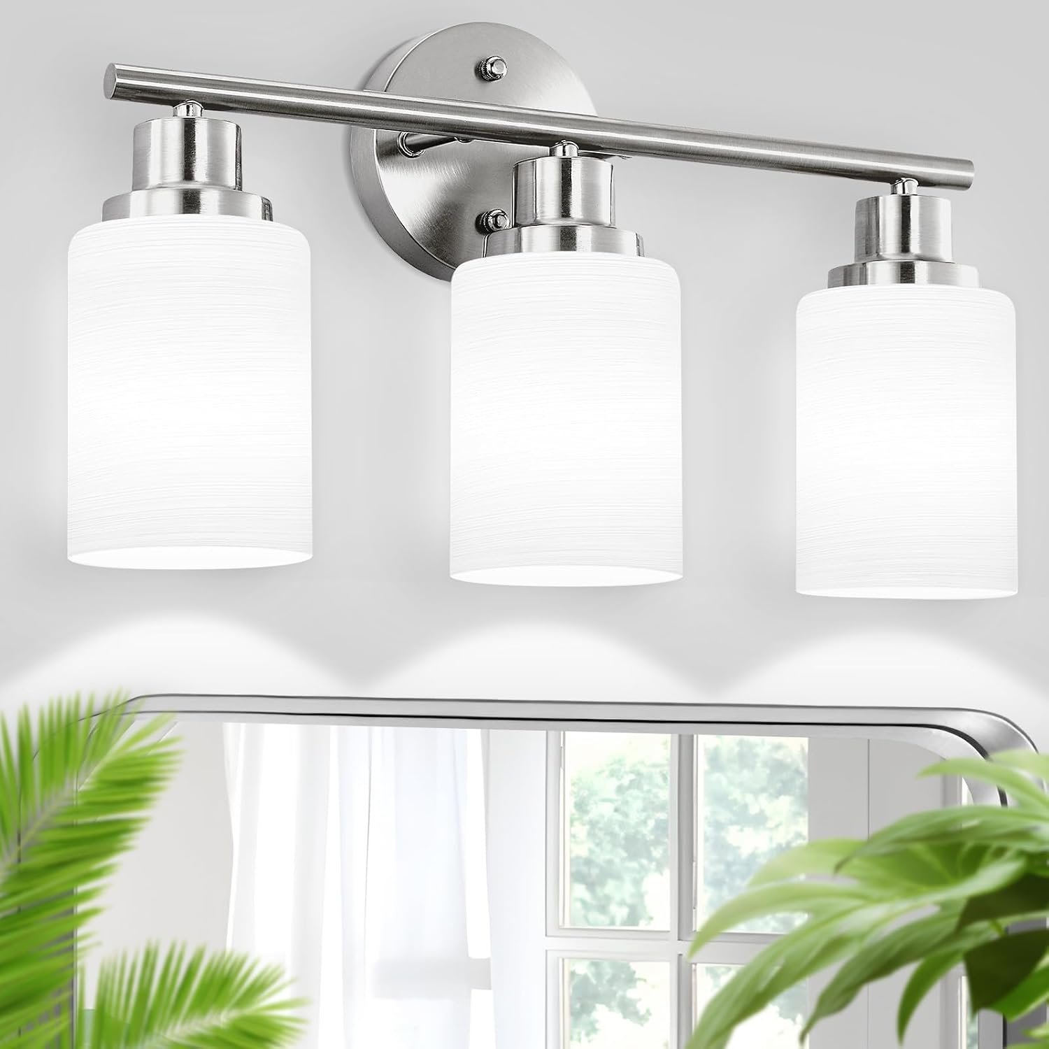 Brushed Nickel Bathroom Light Fixtures, 3-Light Vanity Lights | Vanity Lights for Mirror with Textured Milky White Glass Shade, E26 Base Modern Kitchen Light Fixtures Wall Sconce Light