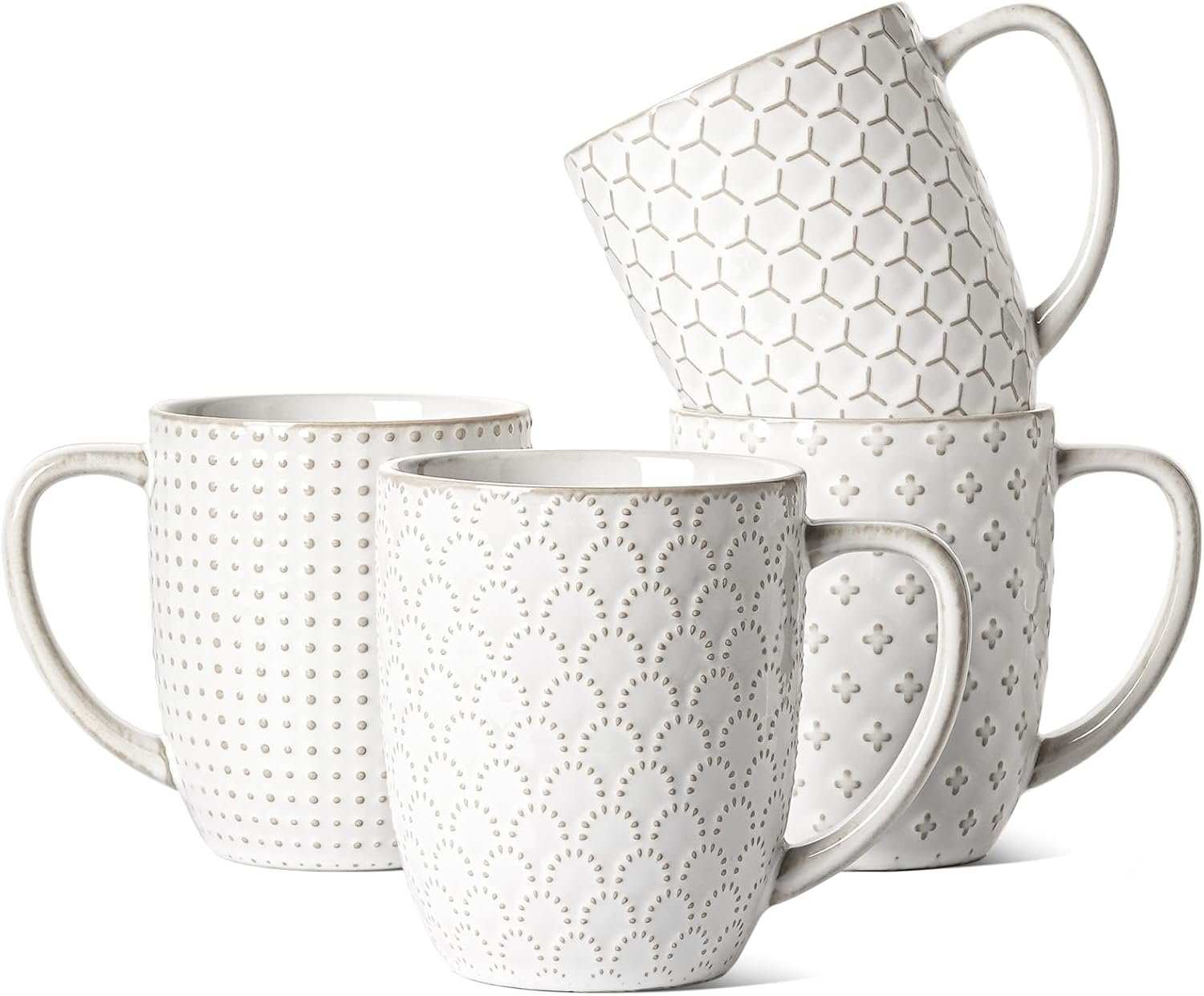 LE TAUCI Coffee Mugs 16 oz,Ceramic Mug Set, Embossment Cups for Latte, Hot Tea, Cappuccino, Mocha, Cocoa, Dishwasher Safe, Suit For Housewarming Wedding- 3.8 inch, Set of 4, Arctic White