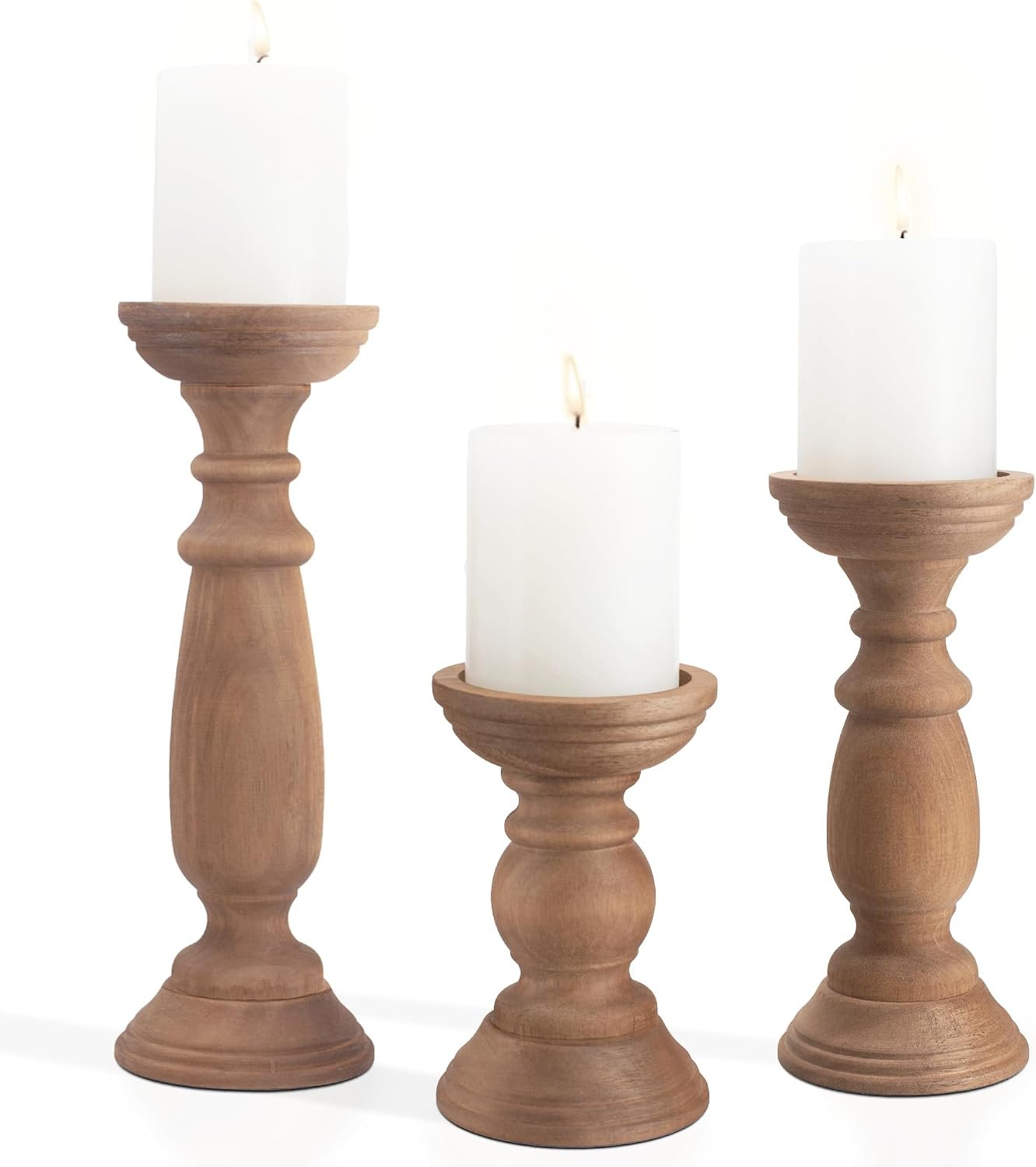 BANOMII Rustic Wooden Pillar Candle Holders Set of 3, 12” 9” 6” Farmhouse Wood Candle Stand for Table Centerpieces, Vintage Tall Candleholders Fireplace Mantel Decor for Living Room, Brown