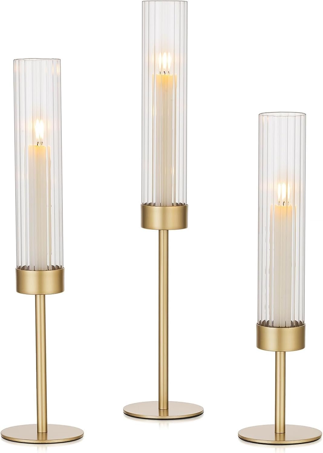 Hewory Gold Hurricane Candle Holder: 3PCS Candlestick Holders for Decor | Ribbed Glass, Brass Taper Candle Holders at 3 different heights, for Table Centerpiece Wedding Party Christmas Decorations