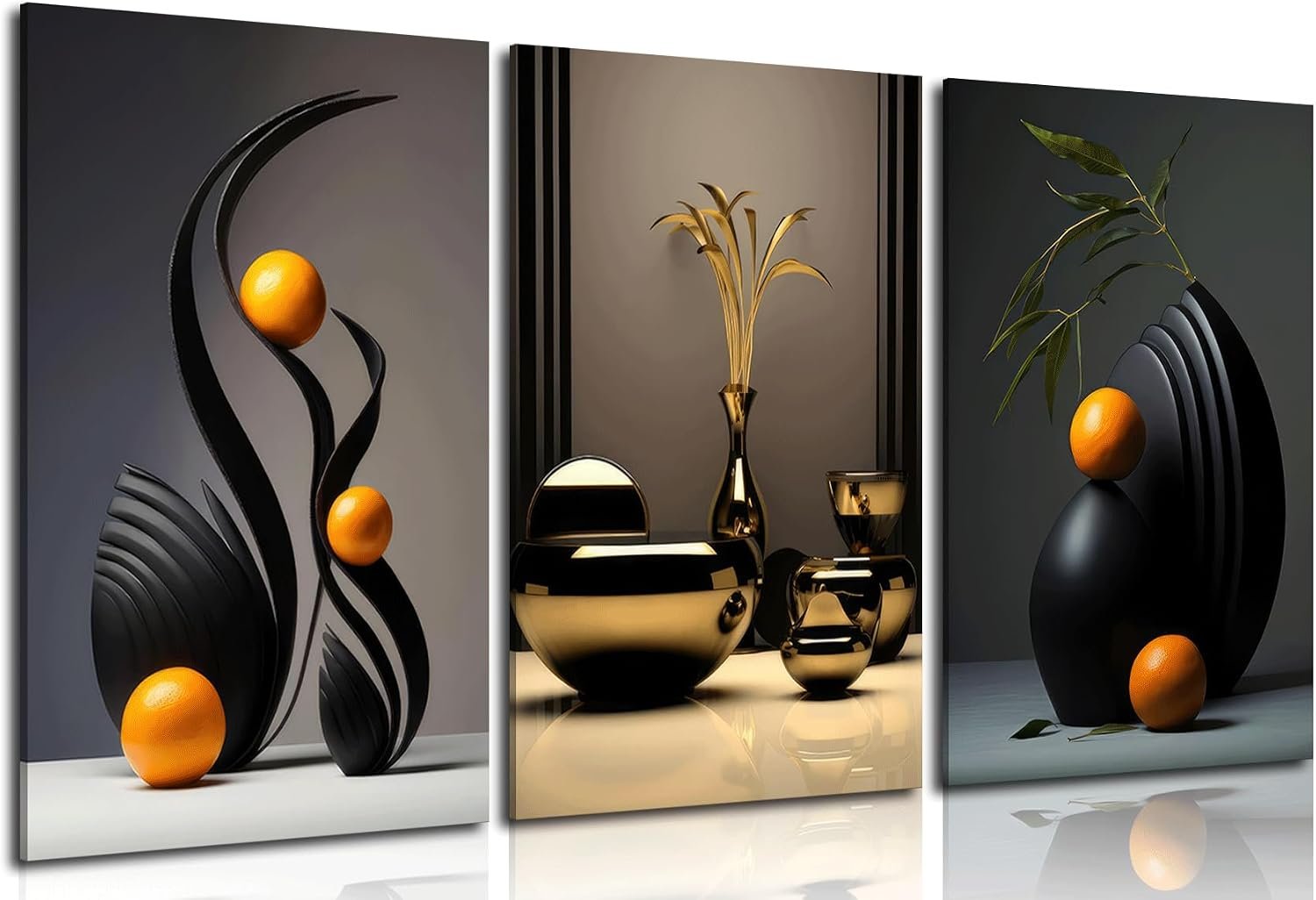 Framed Black Abstract Canvas Wall Art Three-Dimensional Sculpture Ceramic Wall Deco Pictures Modern Still Lifes orange Black Shape Posters Prints for Living Room Bedroom Bathroom Home Decoration