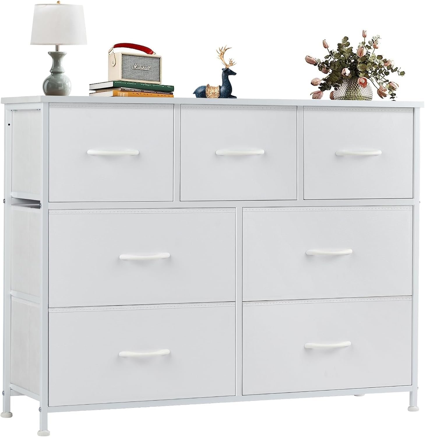 OLIXIS 7 Drawer Dresser for Bedroom, Wide Fabric Storage Tower with Wooden Top and Metal Frame, Closet Chest Organizer Furniture, TV Stand for Living Room Hallway, White