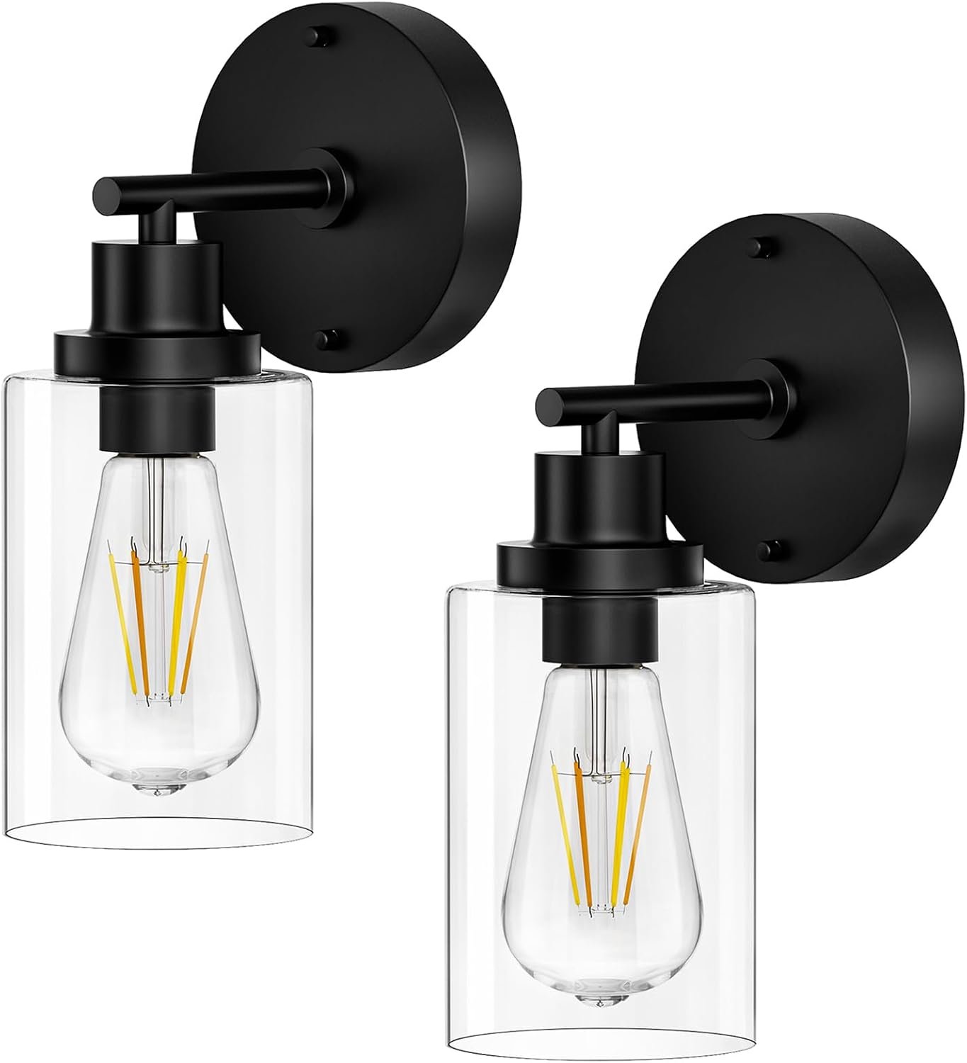 BUTHY Bathroom Wall Sconces Set of Two: Black Vanity Light Fixtures with E26 Base LED Cordless Indoor Wall Mount Lamp for Mirror Bedroom Hallway Stairway Modern Decor Lighting