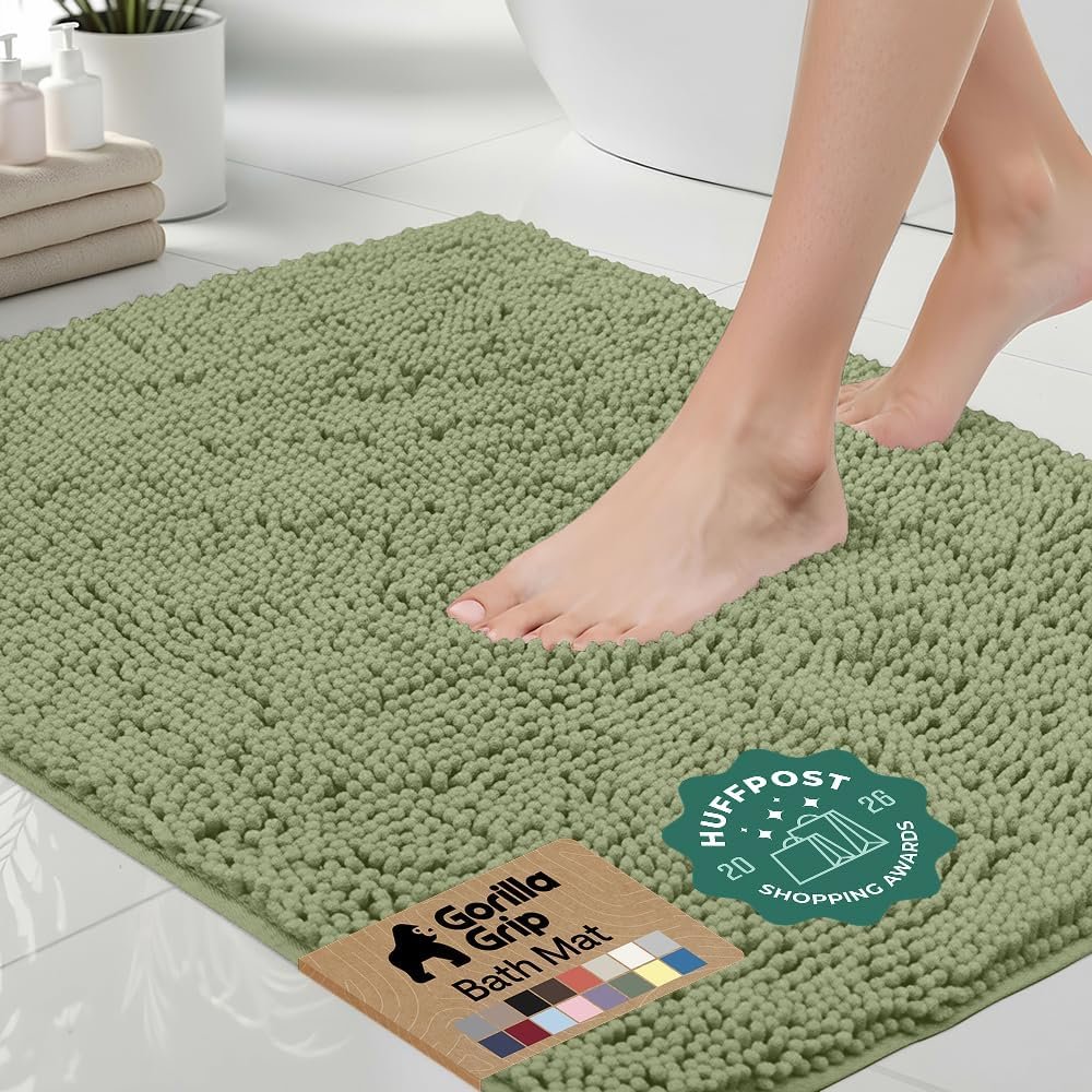 GORILLA GRIP Bath Rug Mat, Thick Soft Absorbent Chenille, Quick Dry Microfiber Mats, Rubber Backing Washable Shower Floor Rugs, US Designed Bathroom Bathmat Home Decor Accessories, 24×17 Sage Green
