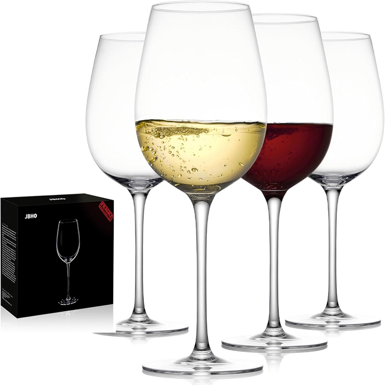 JBHO Hand Blown Italian Style Crystal White or Red Wine Glasses – Gift Packaging for Any Occasion – Lead-Free Premium Crystal Clear Glass – Set of 4-18 Ounce