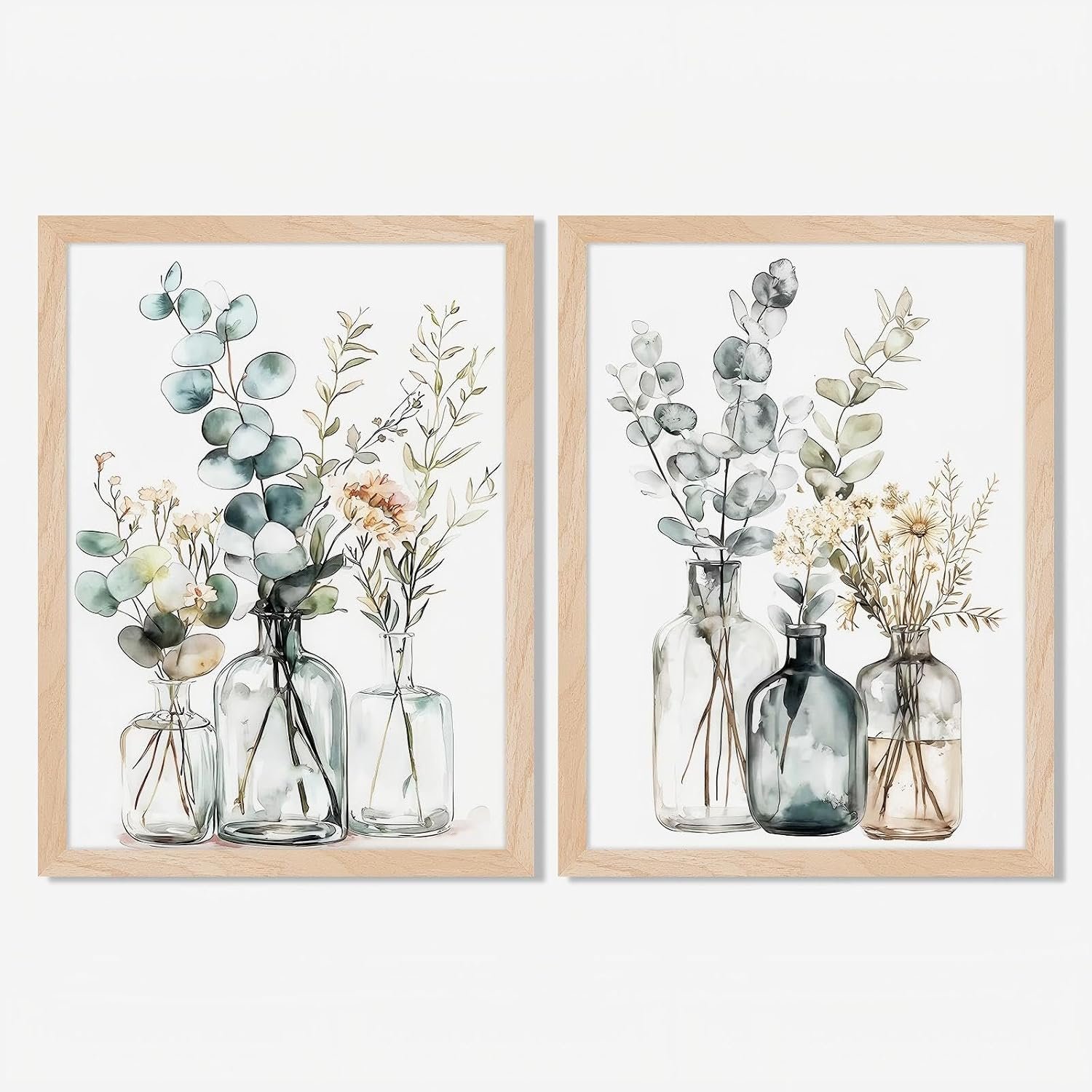 Framed Botanical Wall Art Set of 2 Minimalist Eucalyptus Floral Canvas Prints with Solid Wood Frame & Acrylic Cover, Neutral Modern Nature Watercolor painting for Living Room Bedroom Home Decor 12X16IN