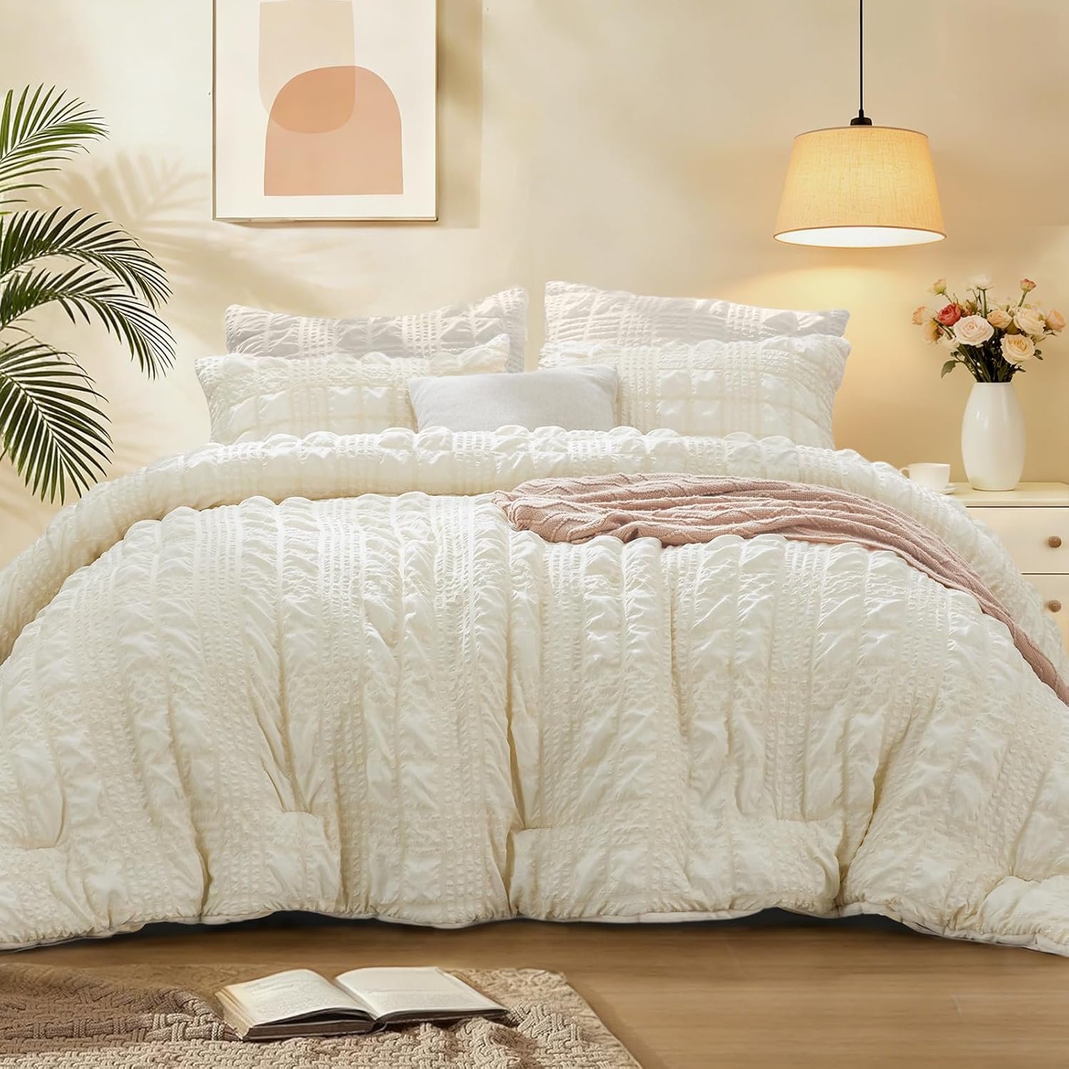 BEDELITE Queen Comforter Set, Seersucker Bedding Set 3 Pieces, Cream | All Season Use, Machine Washable, Soft and Lightweight, Ruched Comforter for Bedroom, Wrinkle-resistant,cozy and stylish