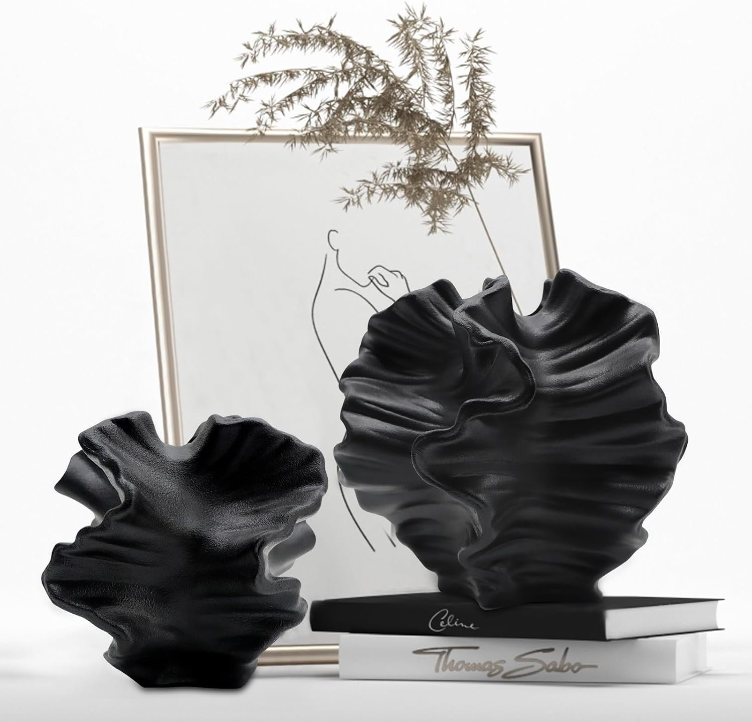 Ceramic Vase – Set of 2 for Home Decor,Black Flower Shape Pampas Vases Minimalist Nordic Boho Style for Modern Farmhouse Decor, Living Room、 Kitchen、Mantle、Bedroom、Dining Table、Office