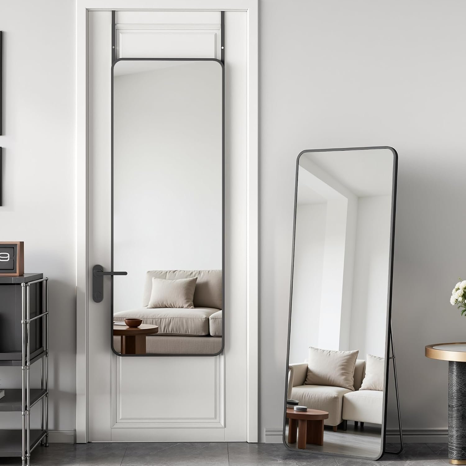 Antok Over The Door Mirror Full Length, 49” x 14”Wall Mounted Hanging Mirror, Aluminum Alloy Frame, Shatterproof Glass, No Drill Installation for Bedroom, Closet, Bathroom, Dorm, Round Corner,Black