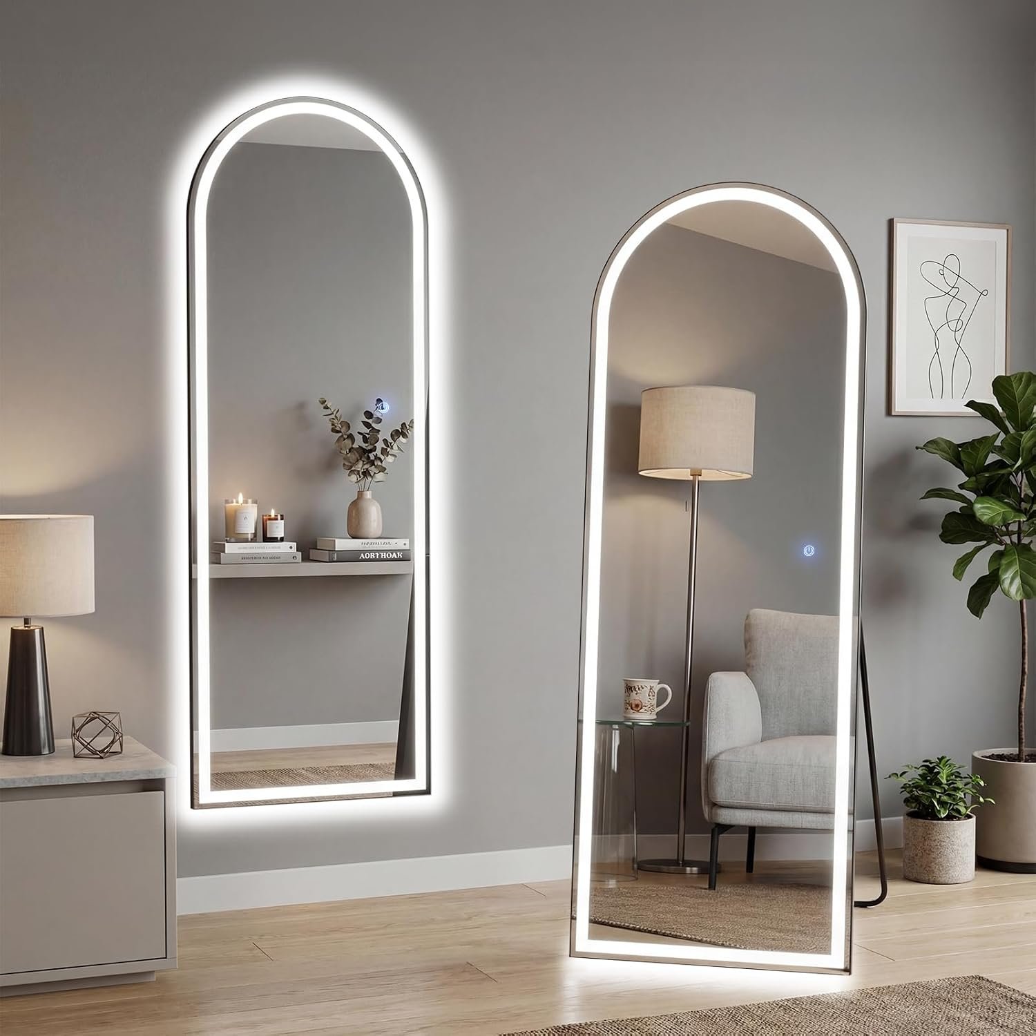 16″x60″ Arched LED Full Length Mirror with Stand, Full Body Mirror | LED Lights 3 Color Lighting, Wall Hanging or Leaning, Floor Standing, Modern Simple Home Wall Decor