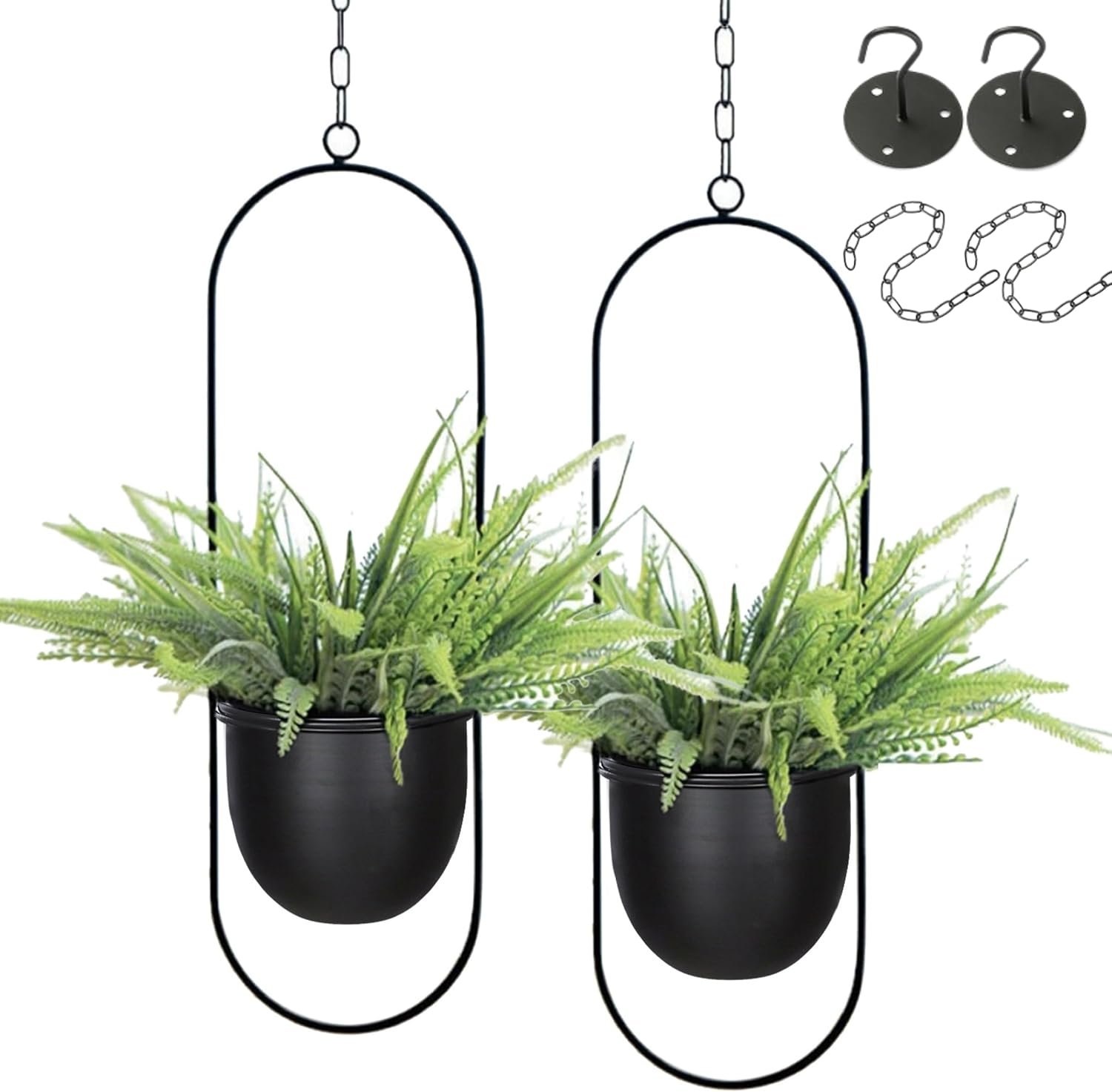 Shineloha 2 Pack Hanging Planters for Indoor Plants with 5.5″ Pot + Ceiling Hook | Black Hanging Planter, Metal Plant Hanger, NO Plant incld