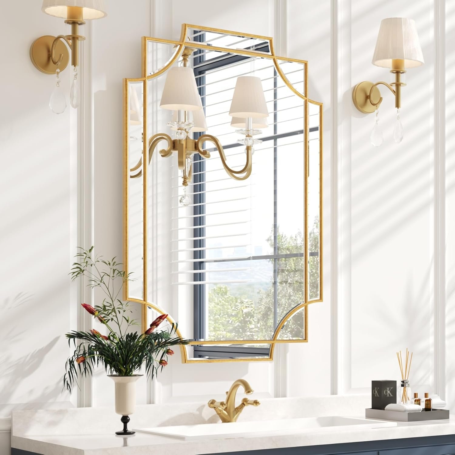 Kelly Miller 24″x36″ Gold Foil Scalloped Edge Decorative Vanity Wall Mirror | Hand-Applied Gold Foil Finish. HD Mirror With French Cleat. Elegant Beveled Wall Mirror Decor For Bathroom Bedroom Entryway.