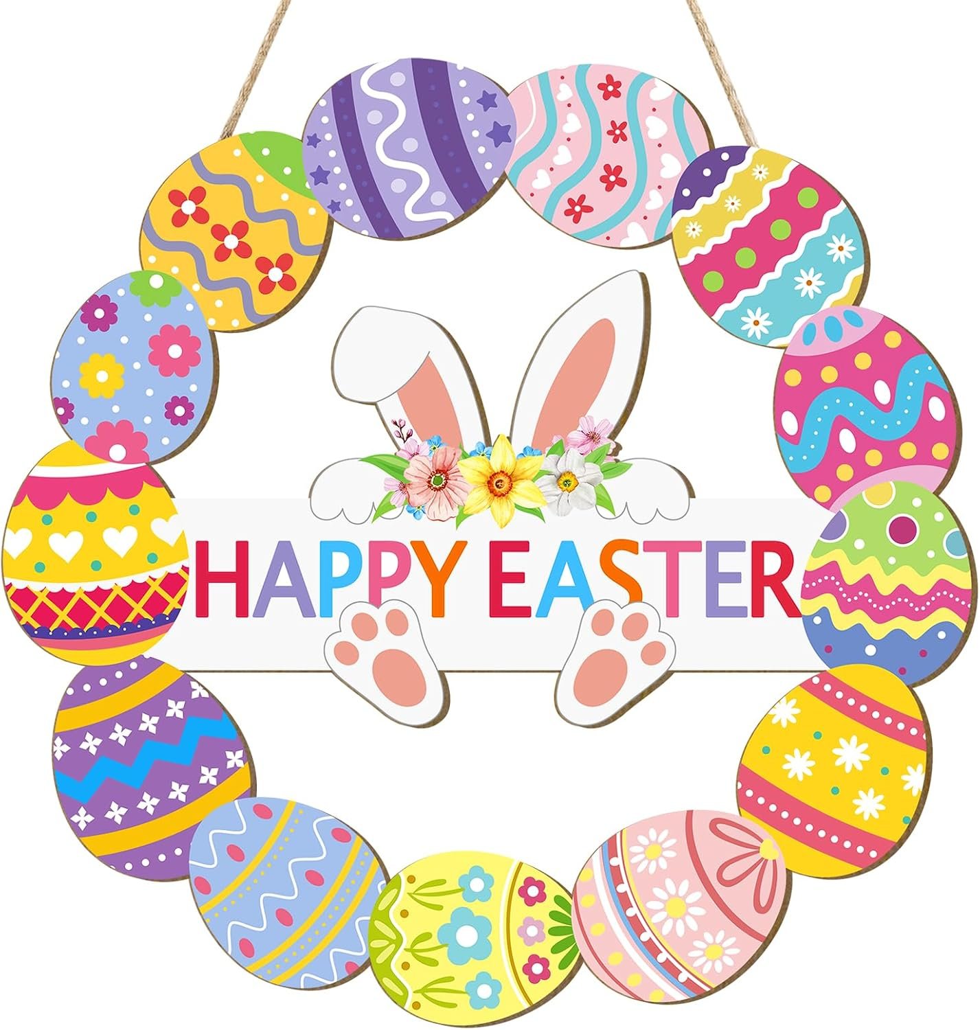 Wooden Easter Decoration Door Wreath for Front Door Sign Wall Signs Rabbit Spring Decoration, Hollow Bunny Sign Flower Egg Welcome Hanging for Home Wall Decor Party Outdoor indoor Supply Happy Easter