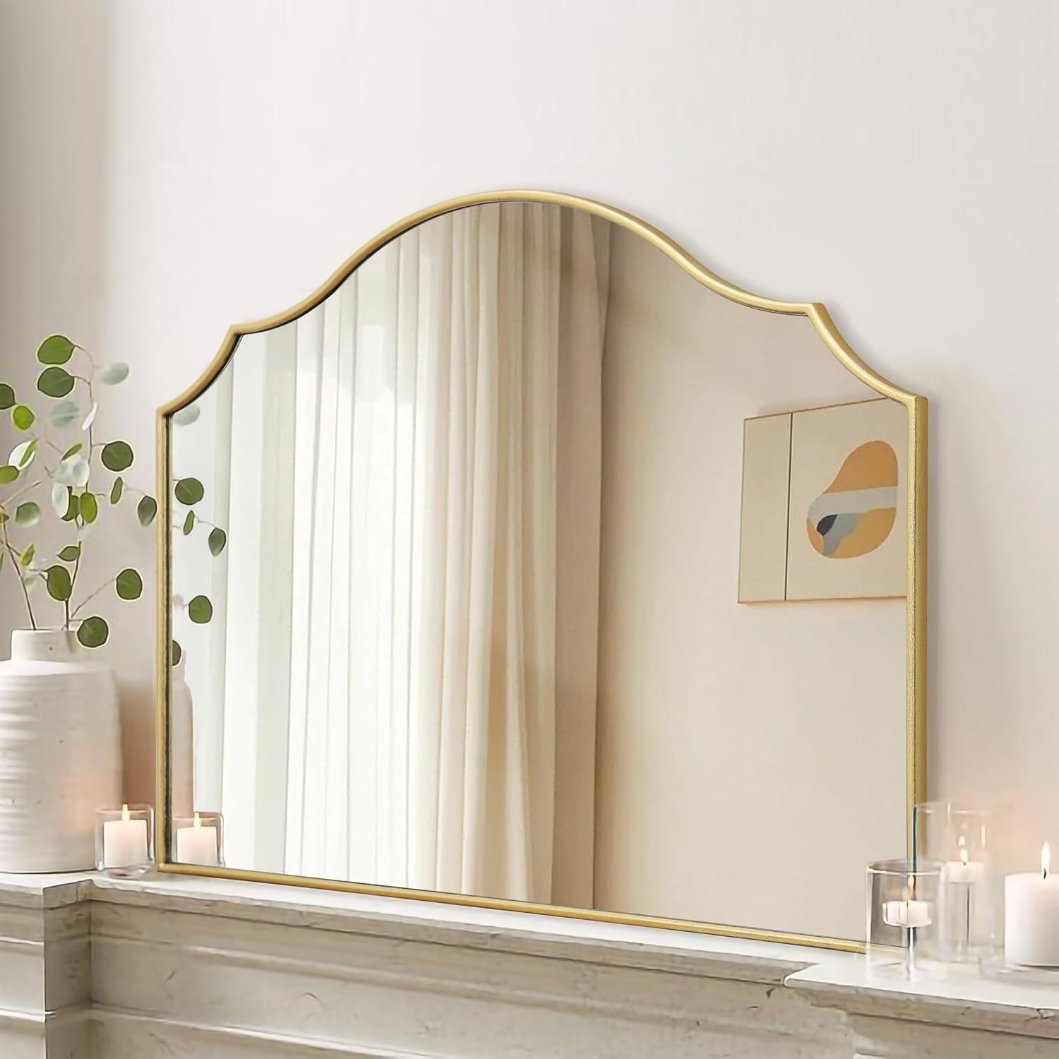 Besdomus Gold Scalloped Mirror for Dresser: 35″x26″ Modern Wooden Mantel Mirror – Minimalist Decorative Wall for Vanity/Bedroom/Fireplace/Entryway – Ideal for 20-44 Age Fashion Women