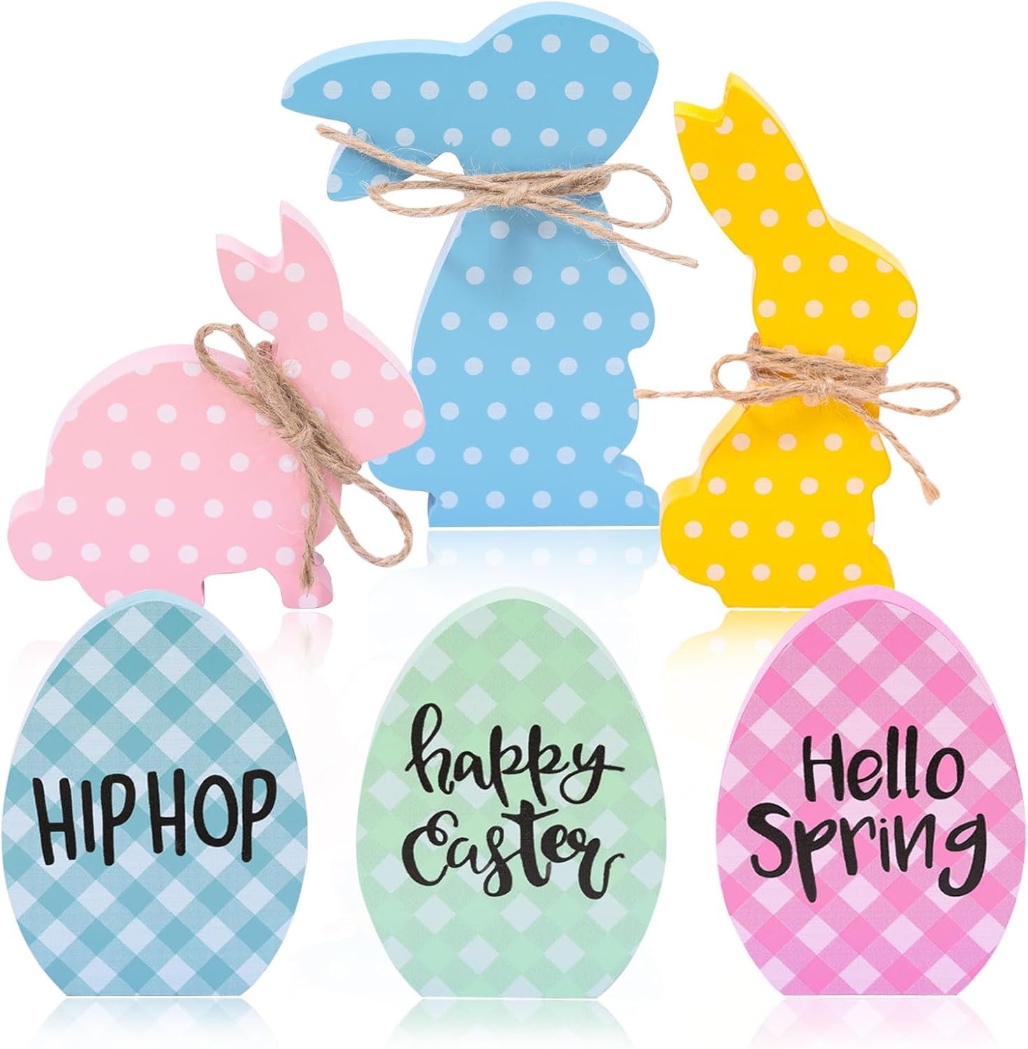 6Pcs Easter Bunny Decorations, Wooden Rabbit Egg Shaped Tabletop Centerpieces Table Signs with Rope Farmhouse Spring Easter Decor for Home Office Dining Room